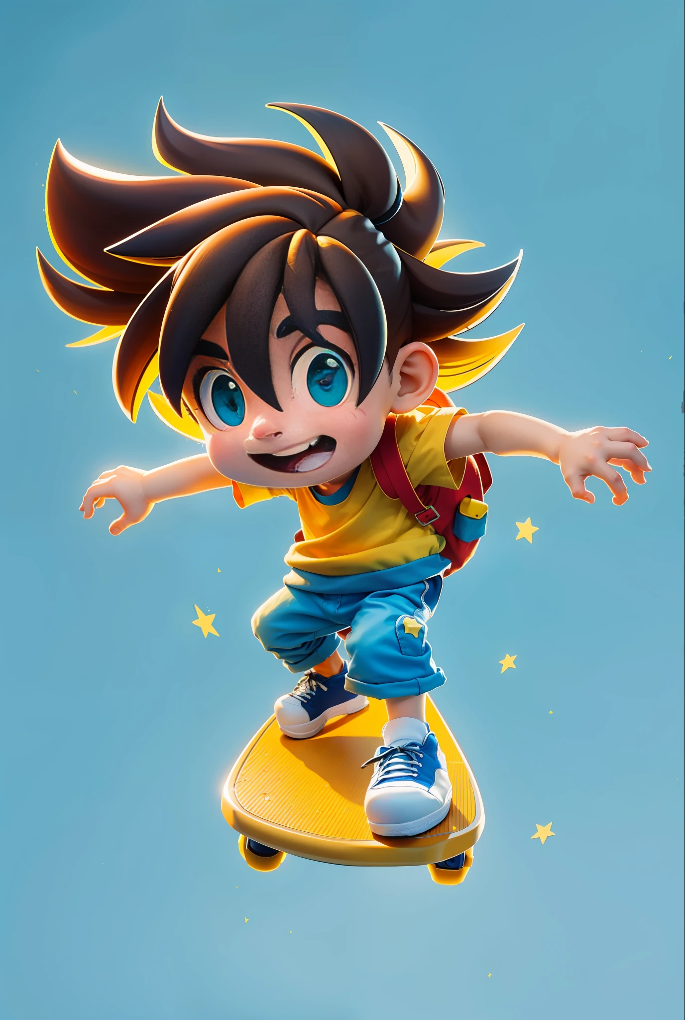 ((Masterpiece, Best Quality)), (Complex Light), A cool boy, skateboarding, laughing, black eyes, black eyelashes, brown hair flying, yellow vest, blue short sleeves, green pants, yellow socks, blue school bag, red and white sneakers, hands open, brown hair, yellow skateboard under feet, 3d, cute, soft lighting, white background, no background, hd, Disney style,