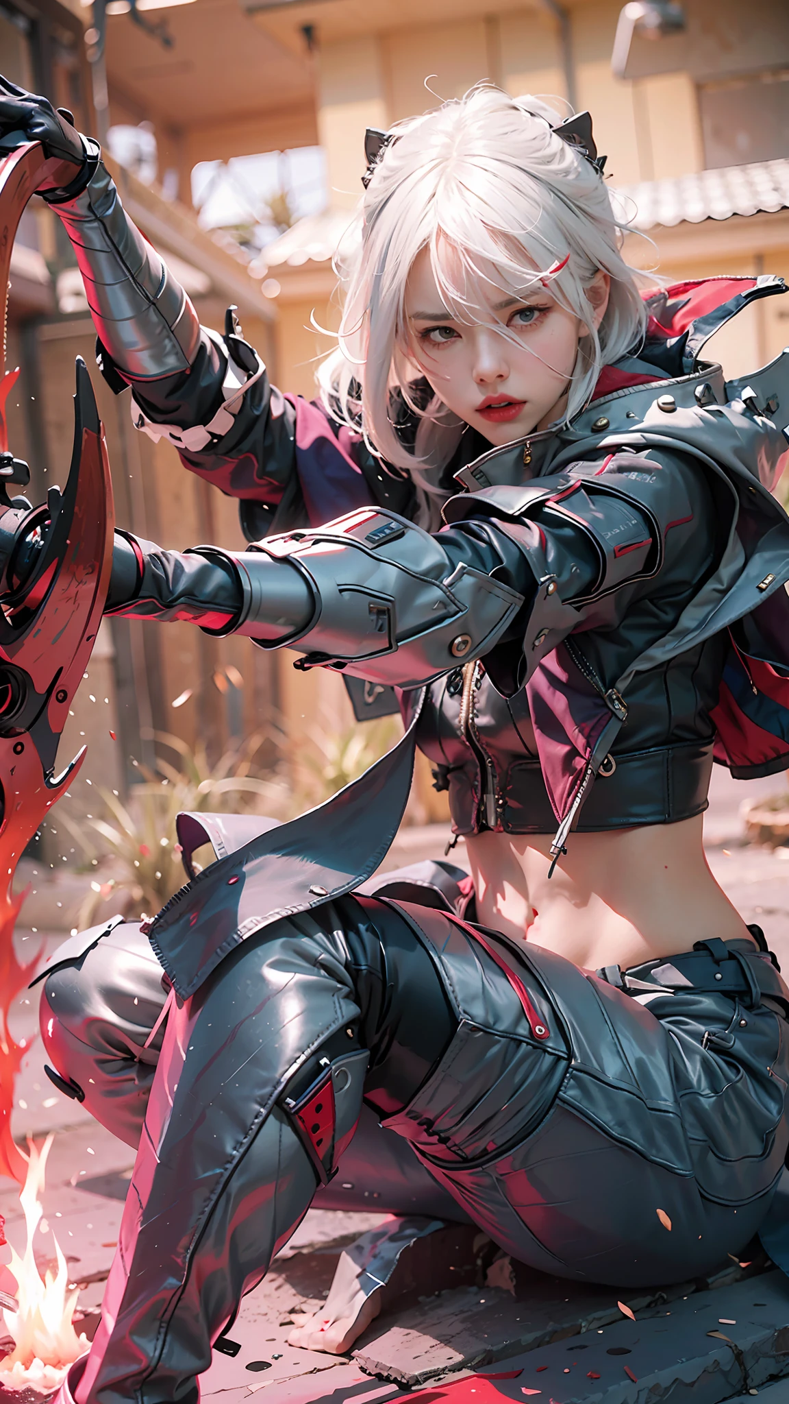 realistic, 1girl, white hair, wearing a red blindfold, parted lips, angry face