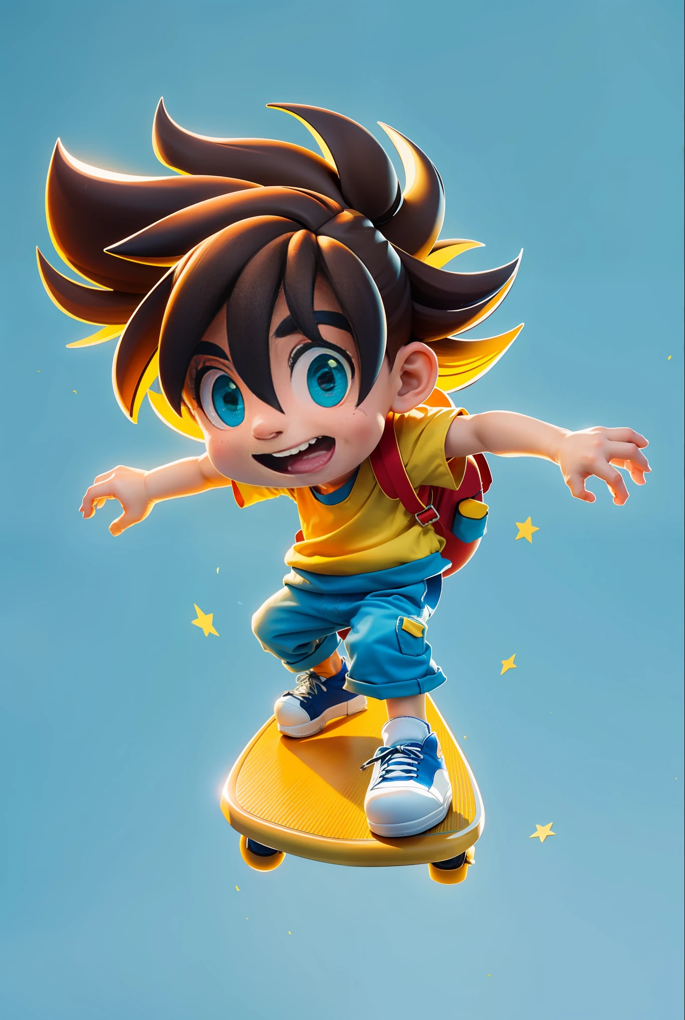 ((Masterpiece, Best Quality)), (Complex Light), A cool boy, skateboarding, laughing, black eyes, black eyelashes, brown hair flying, yellow vest, blue short sleeves, green pants, yellow socks, blue school bag, red and white sneakers, hands open, brown hair, yellow skateboard under feet, 3d, cute, soft lighting, white background, no background, hd, Disney style,