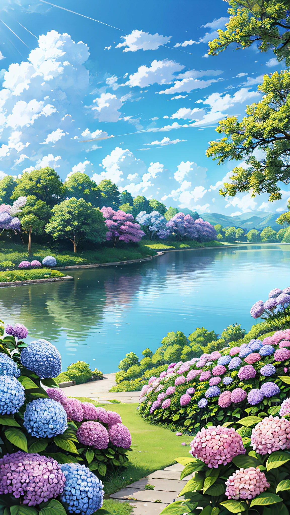 Hydrangeas, park, lake, small hill, pebble path,anime, masterpiece, best quality, anatomically correct, high details, 8K, wallpaper