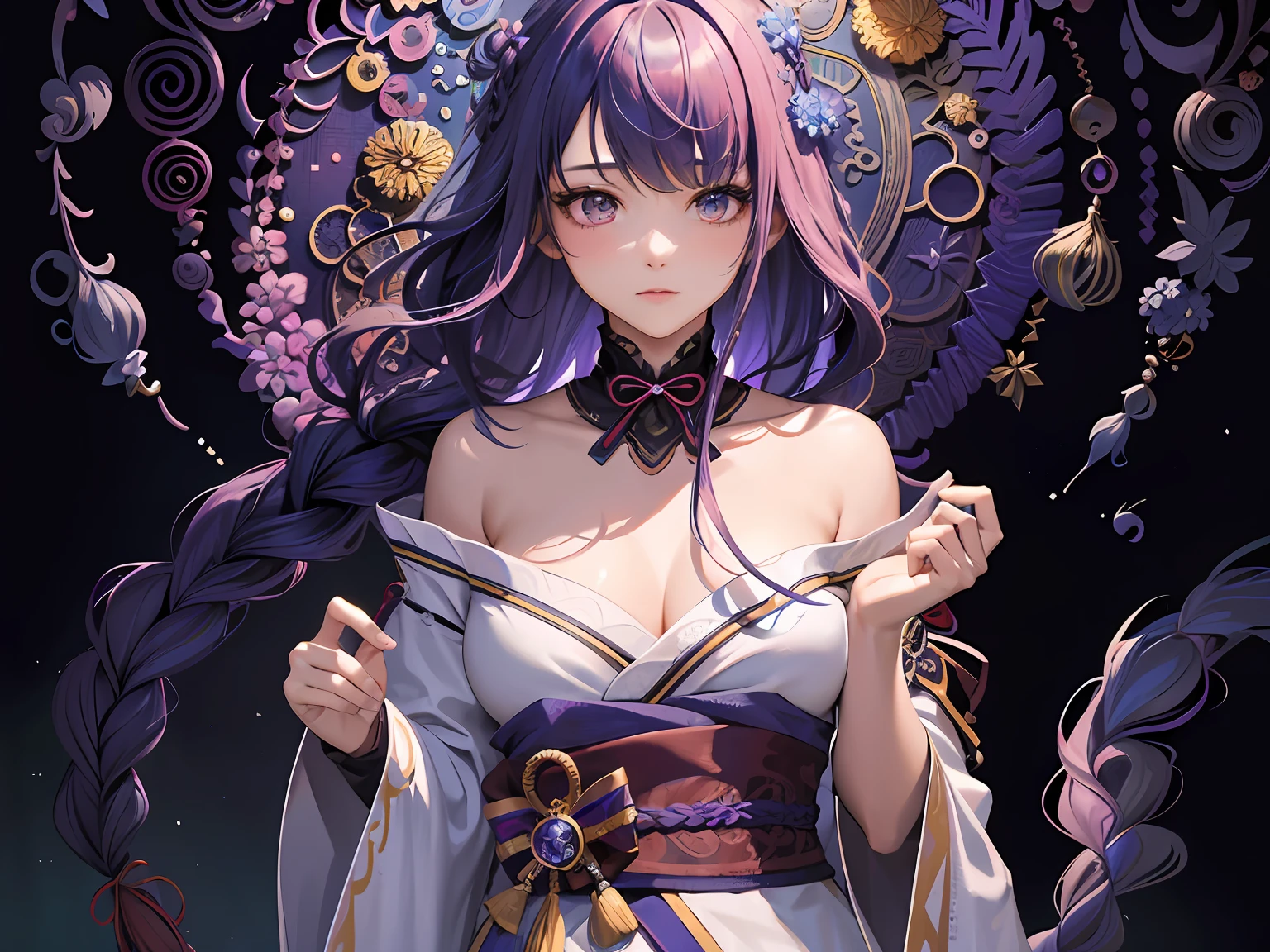 (masterpiece, top quality, best quality, official art, beautiful and aesthetic:1.2), (1girl),extreme detailed,(fractal art:1.5),colorful,highest detailed,[blue Feather| Purple Feather]hair, very long hair braid,(Scattered), (flowing hair:1.5),Hair Background,hanfu,Bare shoulders,(collarbone:0.9),white dress, hanfu,tang style,
