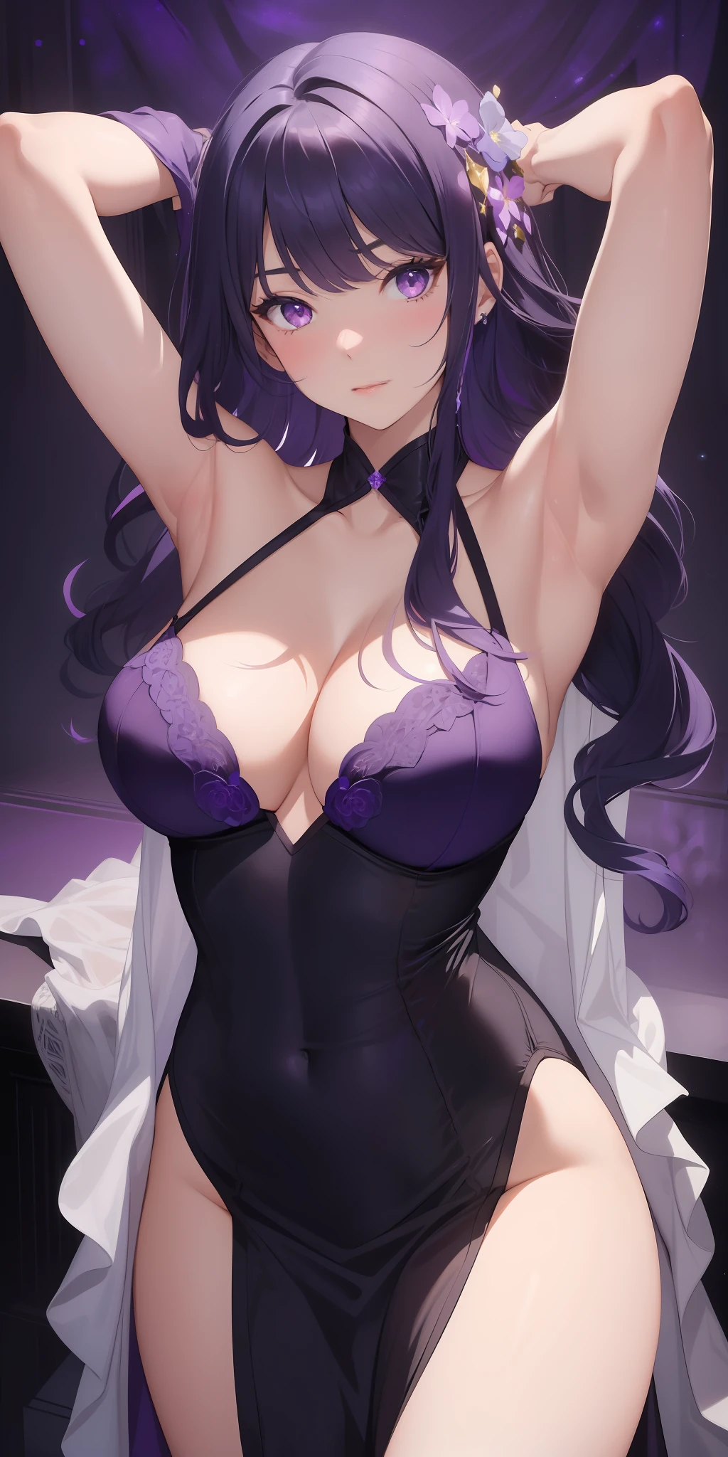 A girl(work of art:1.2), sexy with her ((arms up)) her ((medium)) breasts, in a ((dark purple lighting)) her eyes wide open, her body delicately designed((masterpiece:1.3)) her smooth and beautiful skin perfectly designed, arms out of frame, hands out of frame, beautiful white dress, cleavage focus.