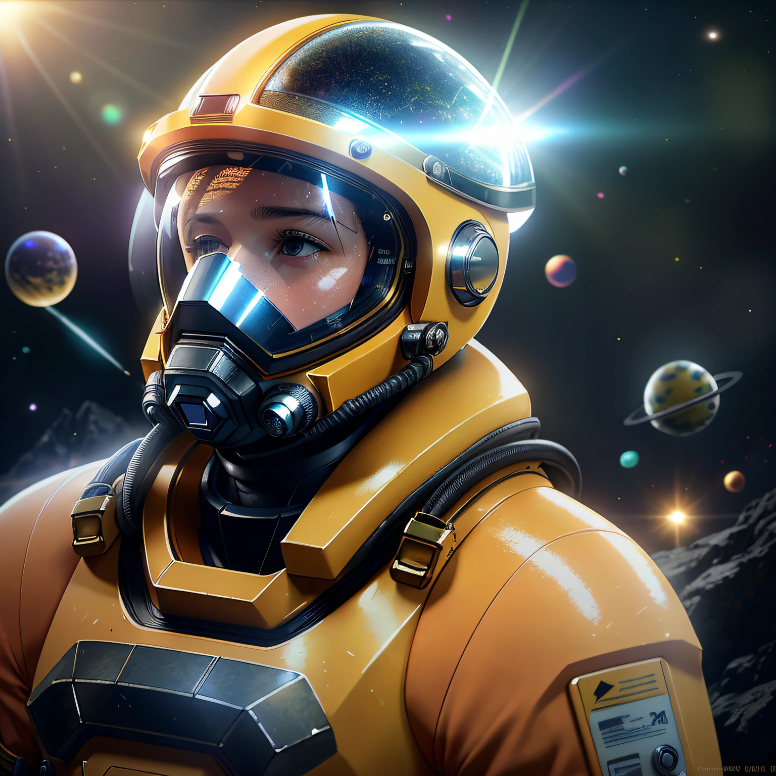 Very detailed RAW color photo, aerial view, full body, face down, (astronaut in a yellow and white spacesuit, futuristic helmet, can mask, respirator, important loot), suspended in the air, (science fiction), (mountains: 1.1), (dense green forest), (two satellites) sky: 0.8), (very detailed, complex), (lens flare) up), (very detailed, ultra-detailed, complex), (lens flare) up), (very detailed, ultra-detailed, complex), (lens flare)), (Halo: 0.7), particle effects, ray tracing, movie lighting, shallow depth of field, Lens on Sony a9 II, 24mm wide-angle lens, sharp focus, movie stills from Gravity 2013