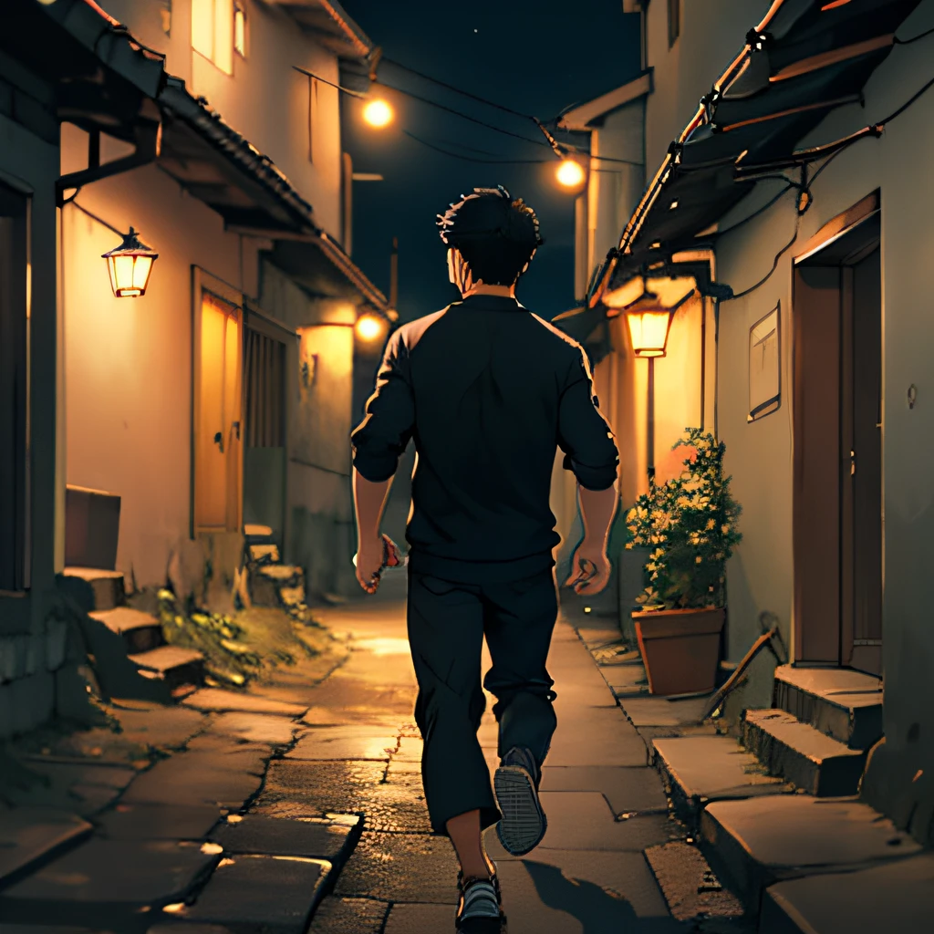 1man, masterpiece, best quality, ultra high resolution, dusk, ((run-down village)), depth of field, short black hair, single male, thin,