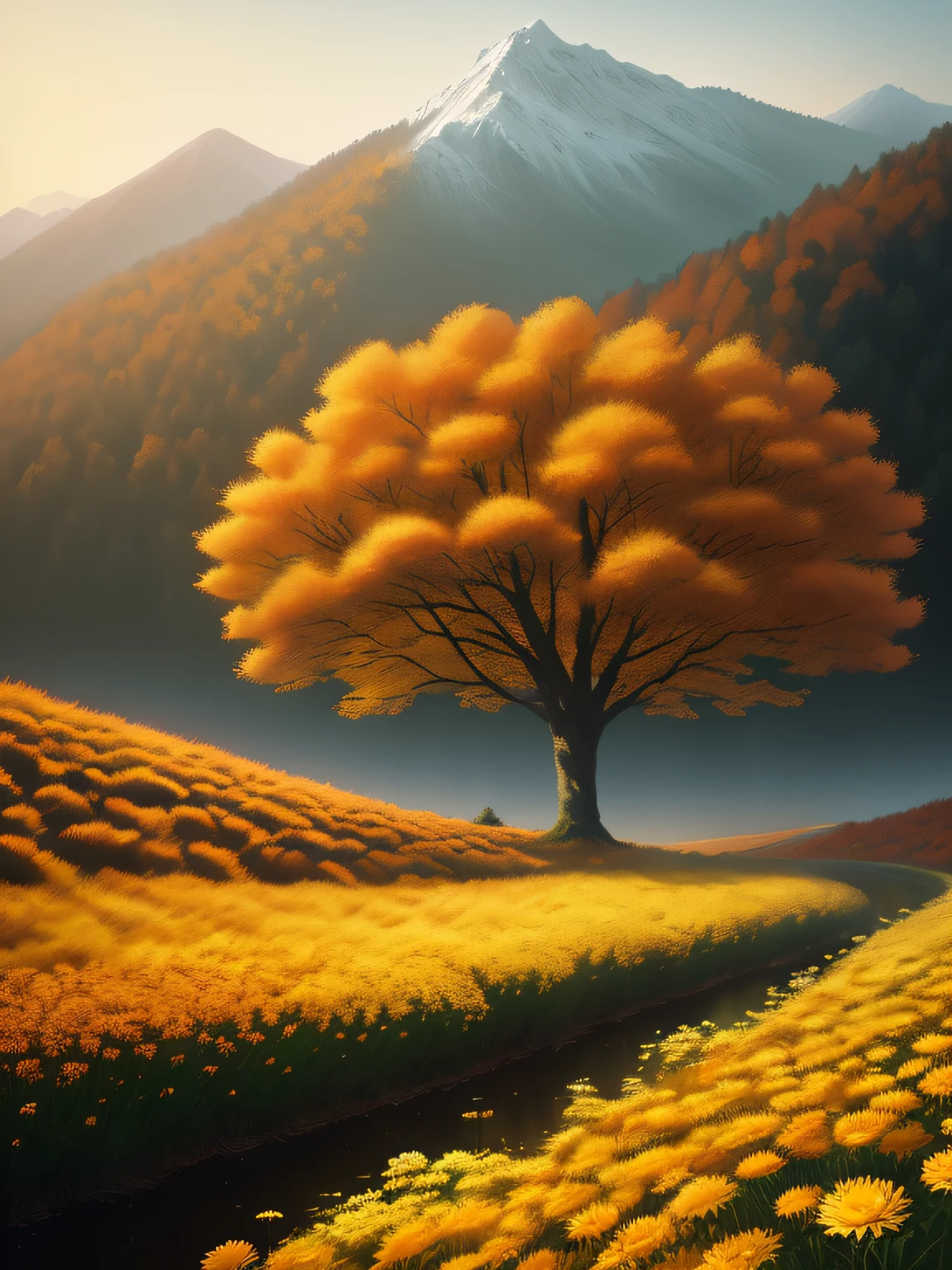 The atmosphere of autumn is getting stronger, and people in the outdoor scene can enjoy chrysanthemums and autumn leaves in the mountains and forests, and feel the charm of autumn, surrounded by golden yellow landscapes, grainy matte paintings, film graininess, landscape illustrations, Studio Ghibli, Hayao Miyazaki's brushstrokes, high quality, realism, ray tracing, cinematic lighting effects