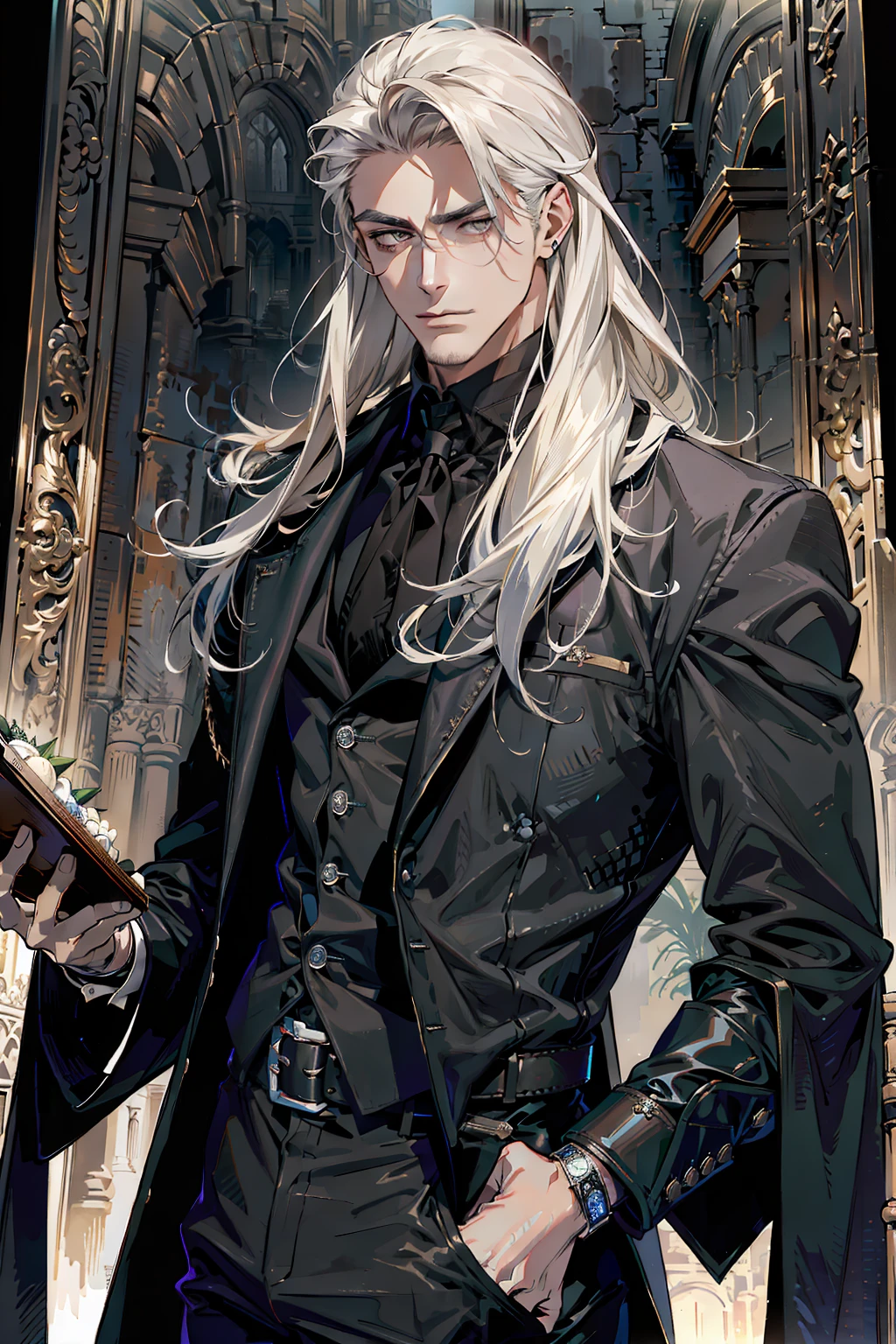 (masterpiece, best quality:1.2), (absurd res, high res, ultra detailed), 1 male, adult, handsome, tall muscular guy, broad shoulders, white long hair, finely detailed eyes, portrait, looking at viewer, solo, half shot, detailed background, detailed face, (gothic), smirk, vampire, dark leather, high fantasy, stealth, undercover, (crates in background), shadows, fog, (dutch angle), closed mouth, black pants
