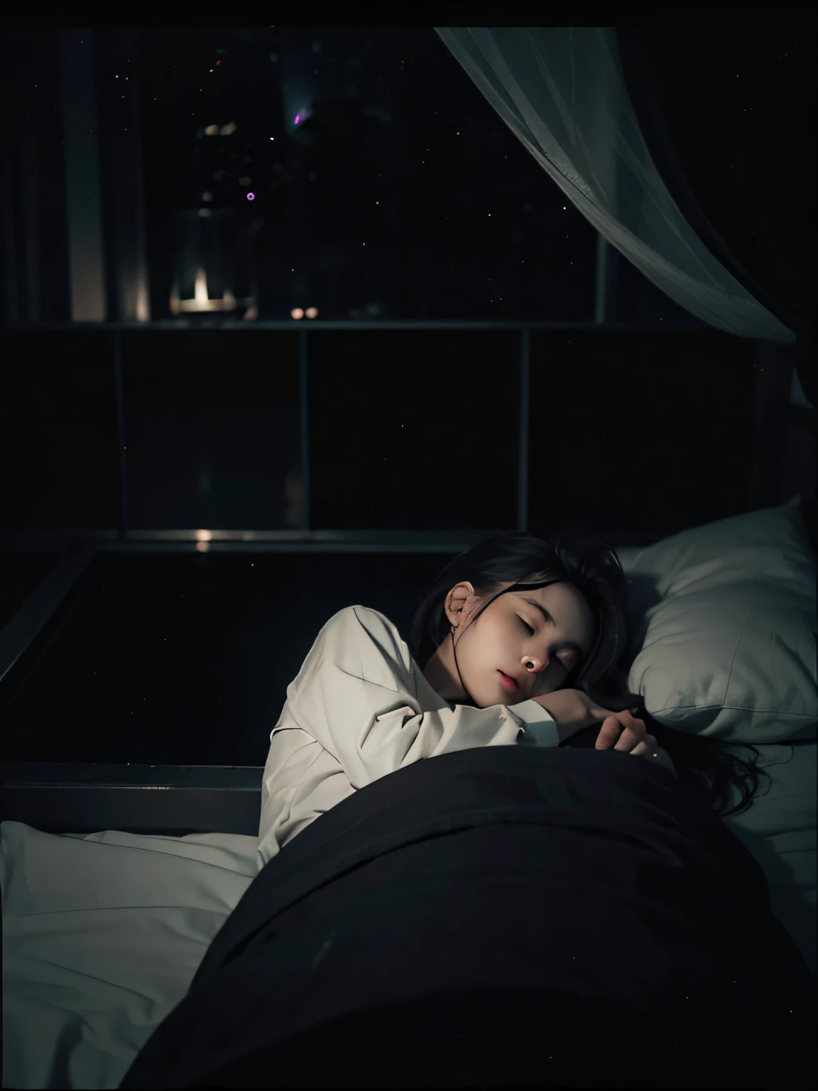 hotel,(dark room:1.5),night,bed,1 girl,on_back,asleep