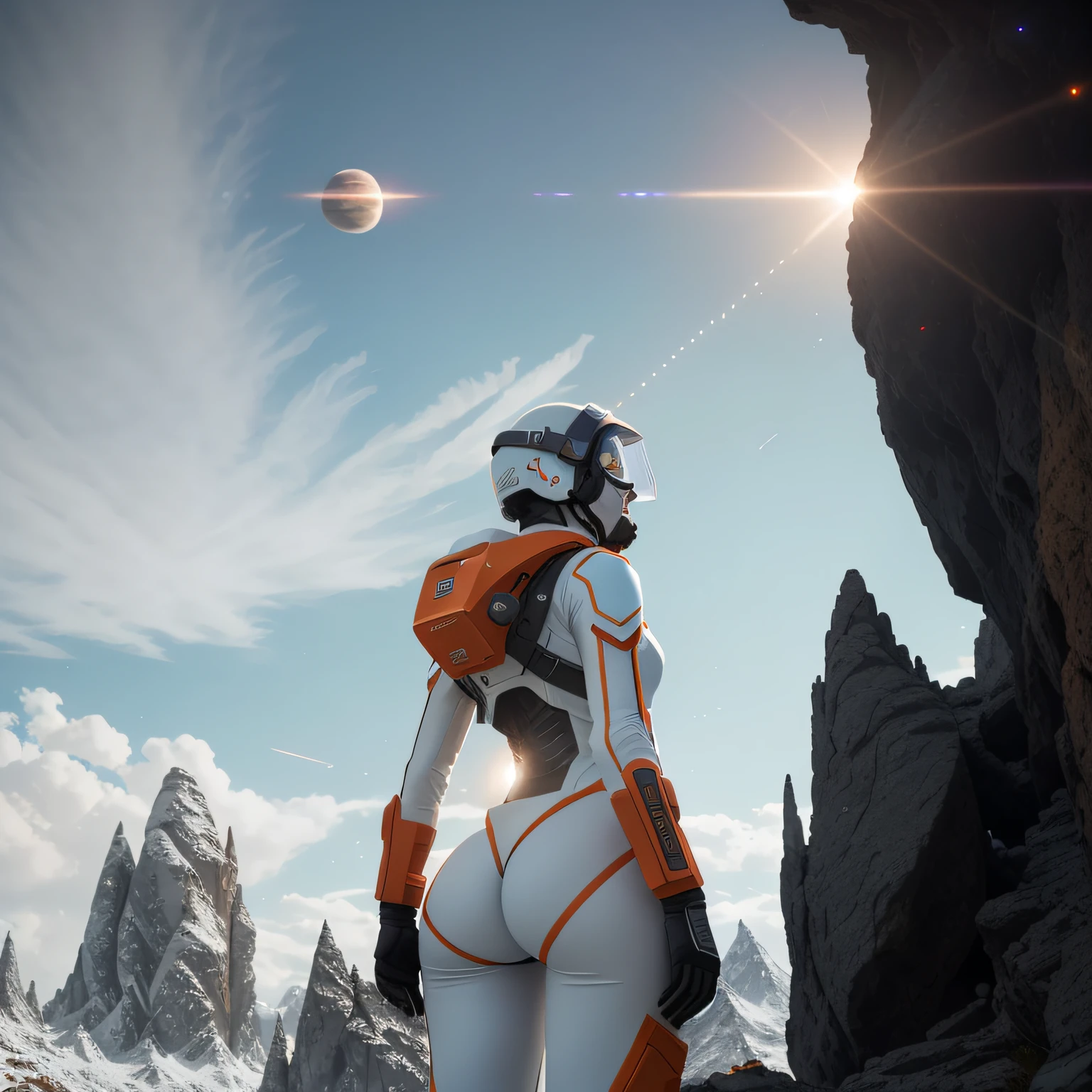 rear angle, Highly detailed RAW color Photo, Rear Angle, Full Body, of (female space soldier, wearing orange and white space suit, helmet, tined face shield, rebreather, accentuated booty), outdoors, (looking up at advanced alien structure, on alien planet), toned body, big butt, (sci-fi), (mountains:1.1), (lush green vegetation), (two moons in sky:0.8), (highly detailed, hyperdetailed, intricate), ((DAY TIME)), (lens flare:0.7), (bloom:0.7), particle effects, raytracing, cinematic lighting, shallow depth of field, photographed on a Sony a9 II, 50mm wide angle lens, sharp focus, cinematic film still from Gravity 2013, from behind