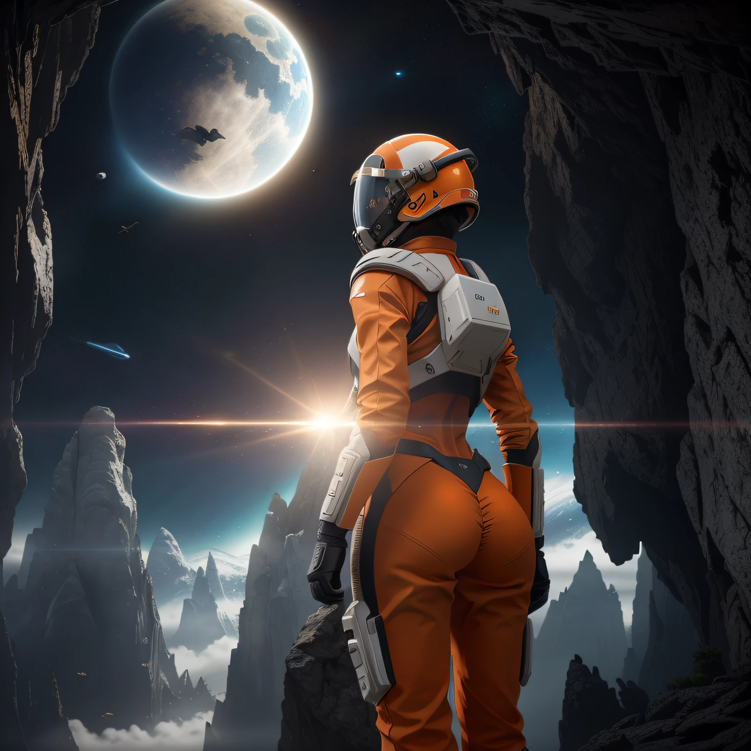 rear angle, Highly detailed RAW color Photo, Rear Angle, Full Body, of (female space soldier, wearing orange and white space suit, helmet, tined face shield, rebreather, accentuated booty), outdoors, (looking up at advanced alien structure, on alien planet), toned body, big butt, (sci-fi), (mountains:1.1), (lush green vegetation), (two moons in sky:0.8), (highly detailed, hyperdetailed, intricate), ((DAY TIME)), (lens flare:0.7), (bloom:0.7), particle effects, raytracing, cinematic lighting, shallow depth of field, photographed on a Sony a9 II, 50mm wide angle lens, sharp focus, cinematic film still from Gravity 2013, from behind