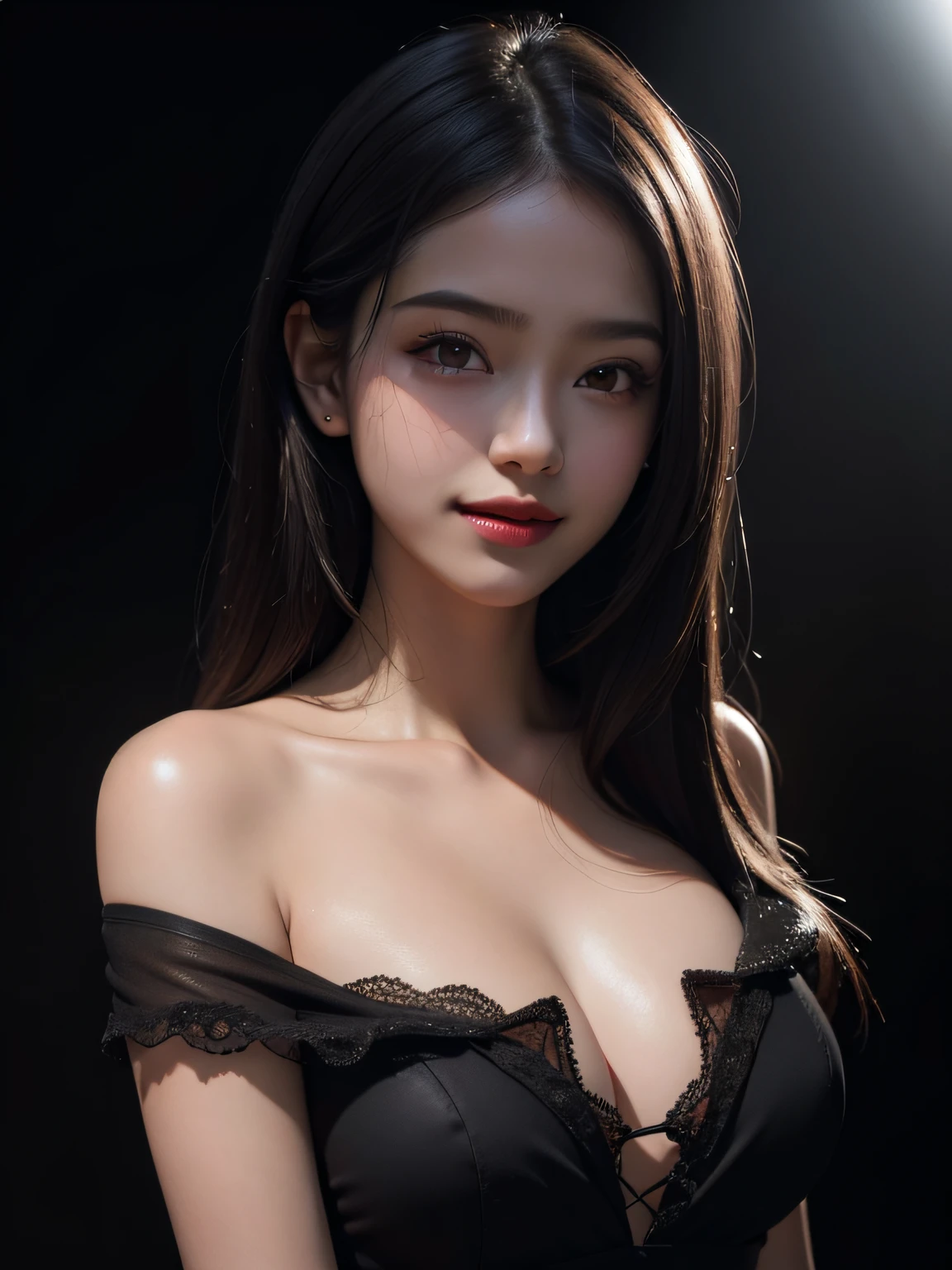8k, RAW Photo, Best quality, masterpiece,(photorealistic:1.4) , (lip gloss, eyelashes, smiling, bright face, glowing skin, best quality, ultra high resolution, depth of field, chromatic aberration, caustic, wide lighting, natural shading) ultra high res, front view, medium breast size, raw photo, 1girl, black dress, perfect face, offshoulder,, in the dark, deep shadow, Cold light, caustics, looking at the viewer with a serene bliss, volumetric light, foggy background, rim light, edge light, backlit hair, Low Key