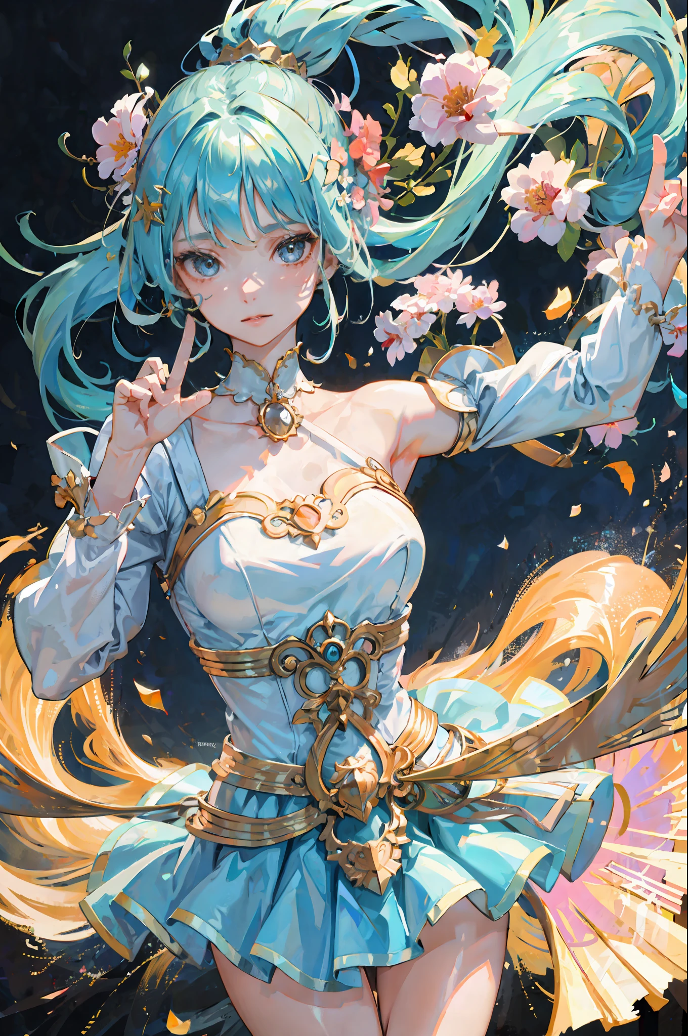 (masterpiece), (best quality), (ultra detailed),(disheveled hair),(illustration), (1girl), (Fashionable clothing), standing, Fashion model, looking at viewer, (interview), (simple background),beautiful detailed eyes, delicate beautiful face, Floating,(high saturation),(colorful splashes),colorful bubble,(shining), focus on face,  ponytail, kamisato ayaka, light blue hair, bangs, hair ring, floating flowers, floating hairs, (shining), best lighting, best shadow,