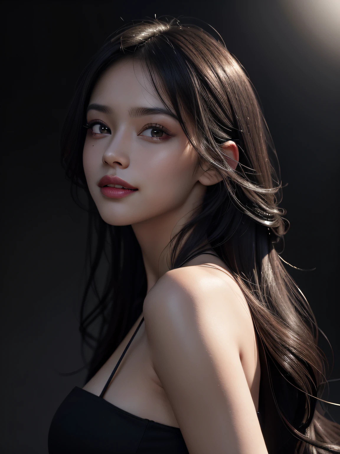 8k, RAW Photo, Best quality, masterpiece,(photorealistic:1.4) , (lip gloss, eyelashes, smiling, bright face, glowing skin, best quality, ultra high resolution, depth of field, chromatic aberration, caustic, wide lighting, natural shading) ultra high res, front view, medium breast size, raw photo, 1girl, black dress, perfect face, offshoulder,, in the dark, deep shadow, Cold light, caustics, looking at the viewer with a serene bliss, volumetric light, foggy background, rim light, edge light, backlit hair, Low Key