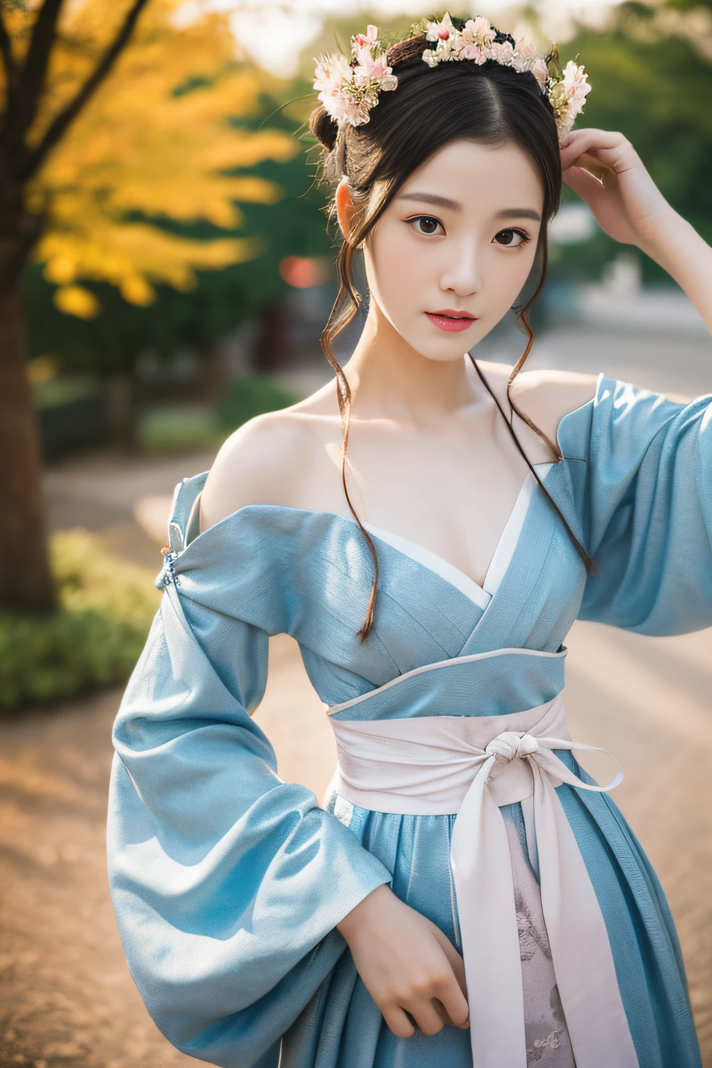 Best Quality, Masterpiece, High Resolution, 1girl, Hanfu, Tang Dynasty Costume, Small, Flat Chest, Collarbone, Off-the-Shoulder Exquisite Face, Realistic, Real People, (High Detail Skin: 1.4), SLR, Soft Light, High Quality, Photo, High Resolution, Background Bokeh, Vintage Street