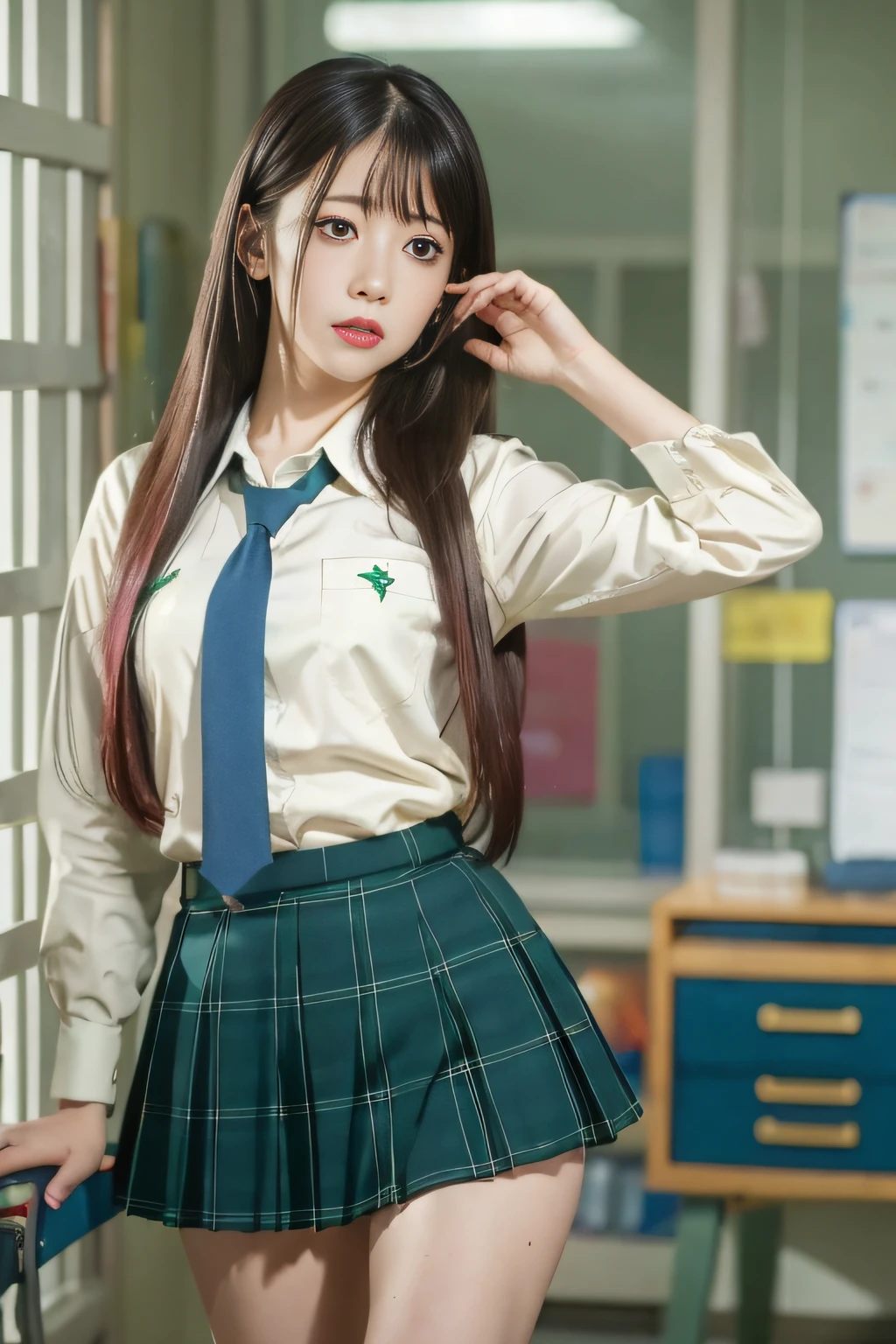 Long black hair, white skin, Chinese, young, thick eyebrows, brown eyes, thick eyelashes, lip biting, white school uniform, green tie, small waist, short blue skirt, in the classroom, dynamic pose, noodle legs, brown school shoes, realistic, 8k, masterpiece, high resolution, high resolution, anatomically correct, high resolution, high resolution, inspired by Marin Kitagawa in anime