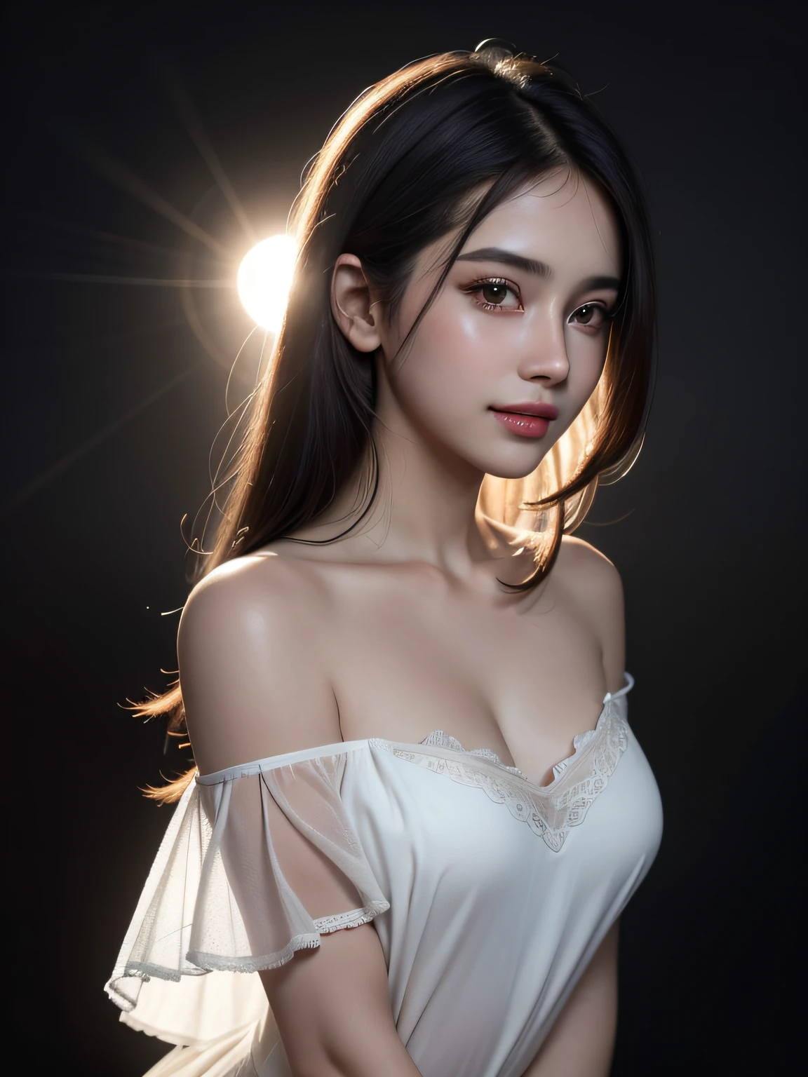 8k, RAW Photo, Best quality, masterpiece,(photorealistic:1.4) , (lip gloss, eyelashes, smiling, bright face, glowing skin, best quality, ultra high resolution, depth of field, chromatic aberration, caustic, wide lighting, natural shading) ultra high res, front view, medium breast size, raw photo, 1girl, Indian girl, indian girl face, white dress, perfect face, offshoulder, in the dark, deep shadow, Cold light, caustics, looking at the viewer with a serene bliss, volumetric light, foggy background, rim light, edge light, backlit hair, Low Key