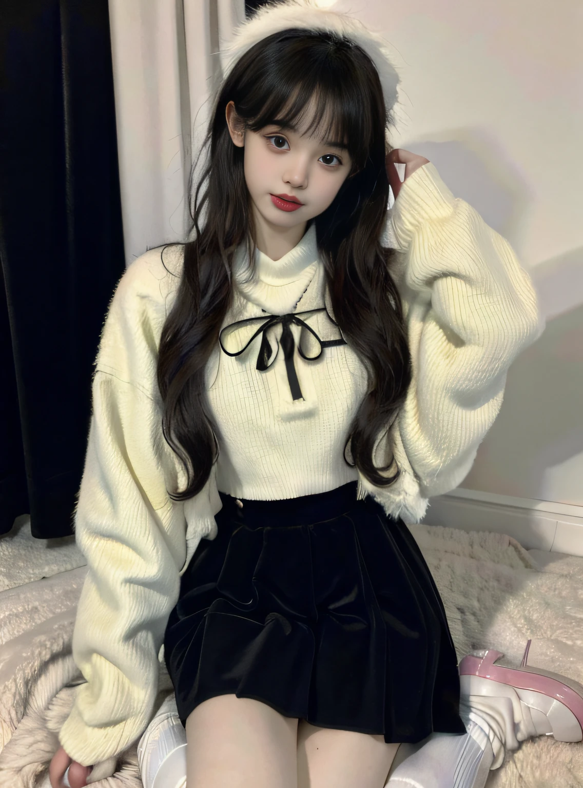 young girl, long hair realistic, vivid image, masterpiece, (best quality: 1.2), hyper detail, realistic, hd, high quality, cinematic light, ray tracing, ultra high resolution, uhd, (ultra lifelike: 1.5,), complex detail, detailed texture, fine detail, high quality shadows, beautiful skirt, full body, standing, panties walking, sexy pose, seductive pose, thin hips, long legs, small chest.