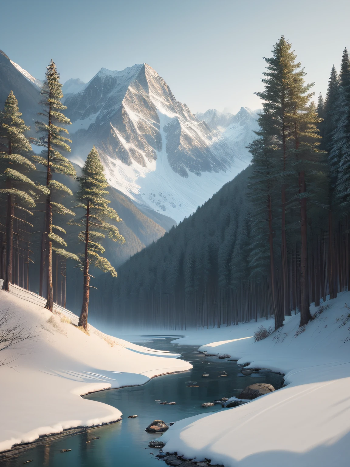 The atmosphere of early winter is getting stronger and stronger, the valleys and forests in the outdoor scene have withered, people are beginning to feel the winter atmosphere, go to the lake to watch birds, enjoy hot springs, grainy matte painting, film graininess, landscape illustration, Studio Ghibli, Miyazaki's brushstrokes, high quality, realistic, ray tracing, cinematic lighting effects