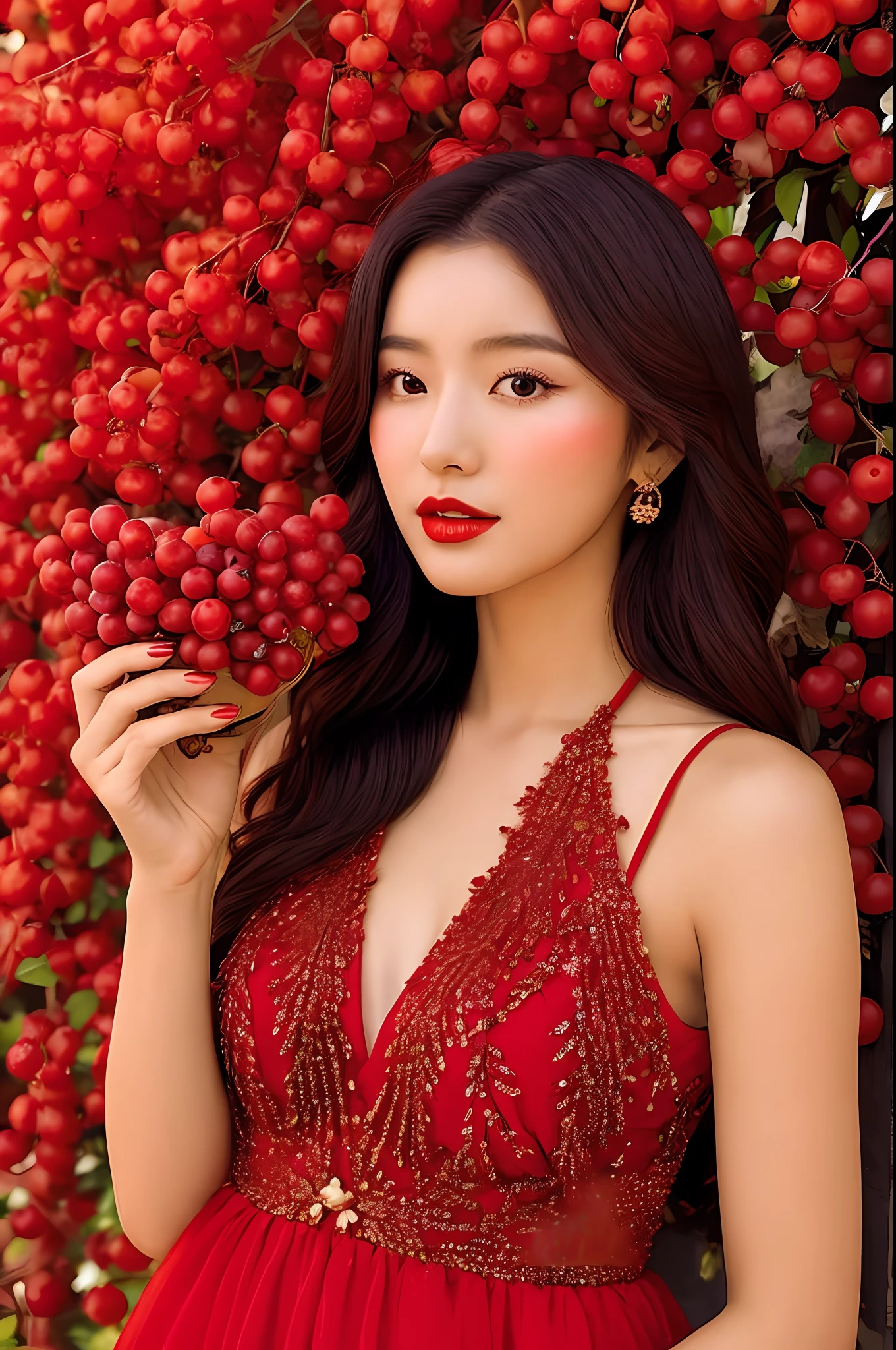 arafed woman in red dress holding a bunch of berries, rich red colors, devotion to the scarlet woman, the goddess of autumn harvest, goddess of autumn, beautiful autumn spirit, hair becoming autumn red leaves, modeling photography, autumnal empress, autumn, red adornments, her hands are red roots, inspired by Ștefan Luchian, in the autumn, ((beautiful Korean girl))