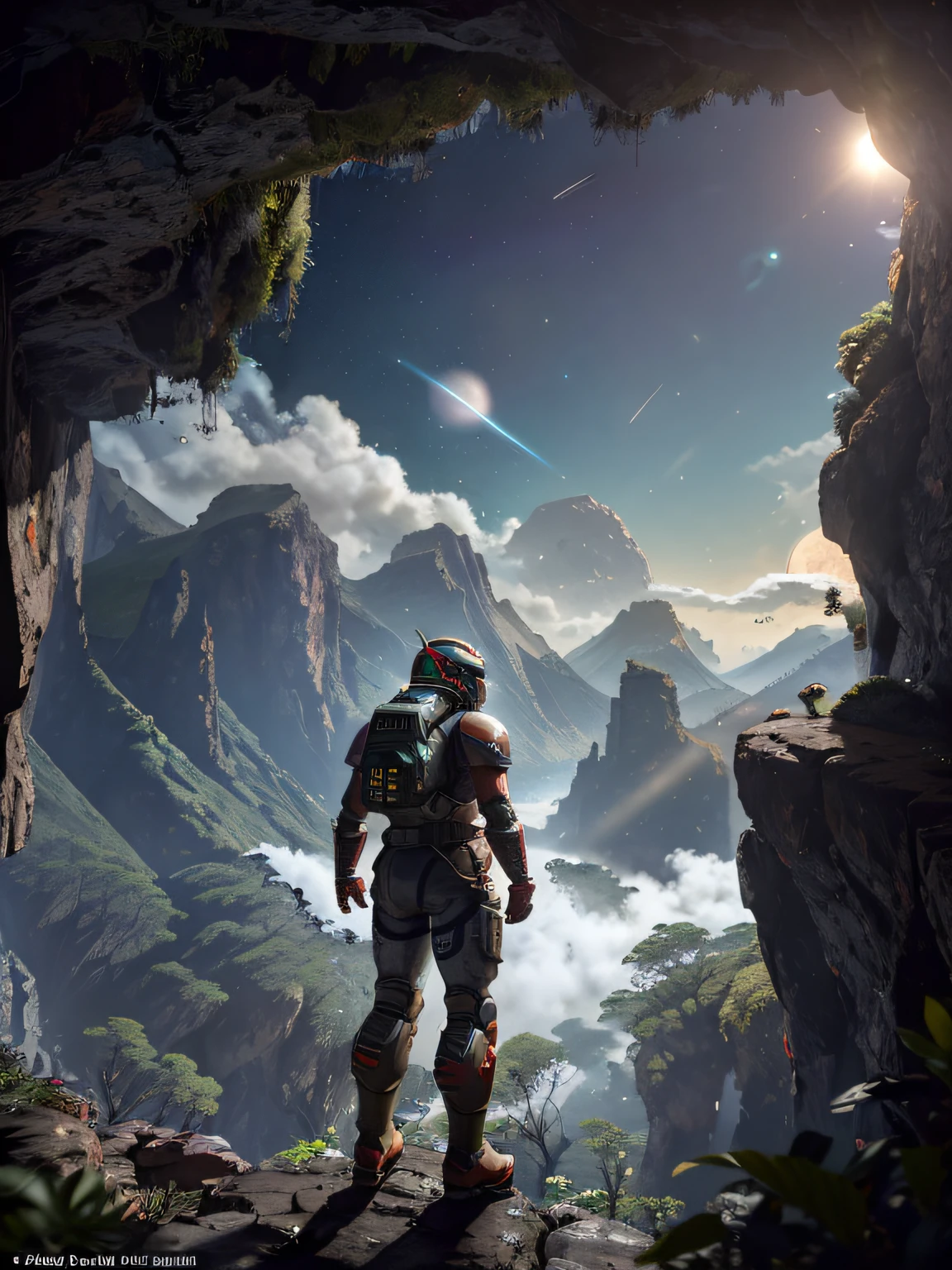 (35mmstyle: 1.2), highly detailed RAW color photo, rear angle, full body, of (male space marine, with white and red spacesuit, futuristic helmet, canned face shield, rebreather, accented booty), outdoor, (standing on the precipice of the high rocky mountain, looking at the lush magical green rainforest on an alien planet), vivid details,  (exotic alien planet), toned body, big butt, (science fiction), (mountains: 1.1), (lush green vegetation), (two moons in the sky: 0.8),(one lava planet: 0.9), (very detailed, hyperdetailed, intricate), (lens flare: 0.7), (bloom: 0.7), particle effects, ray tracing, cinematic lighting, shallow depth of field, photographed on a Sony a9 II, 35mm wide-angle lens,  sharp focus, Gravity 2013 cinematic film, seen from behind, dynamic angle