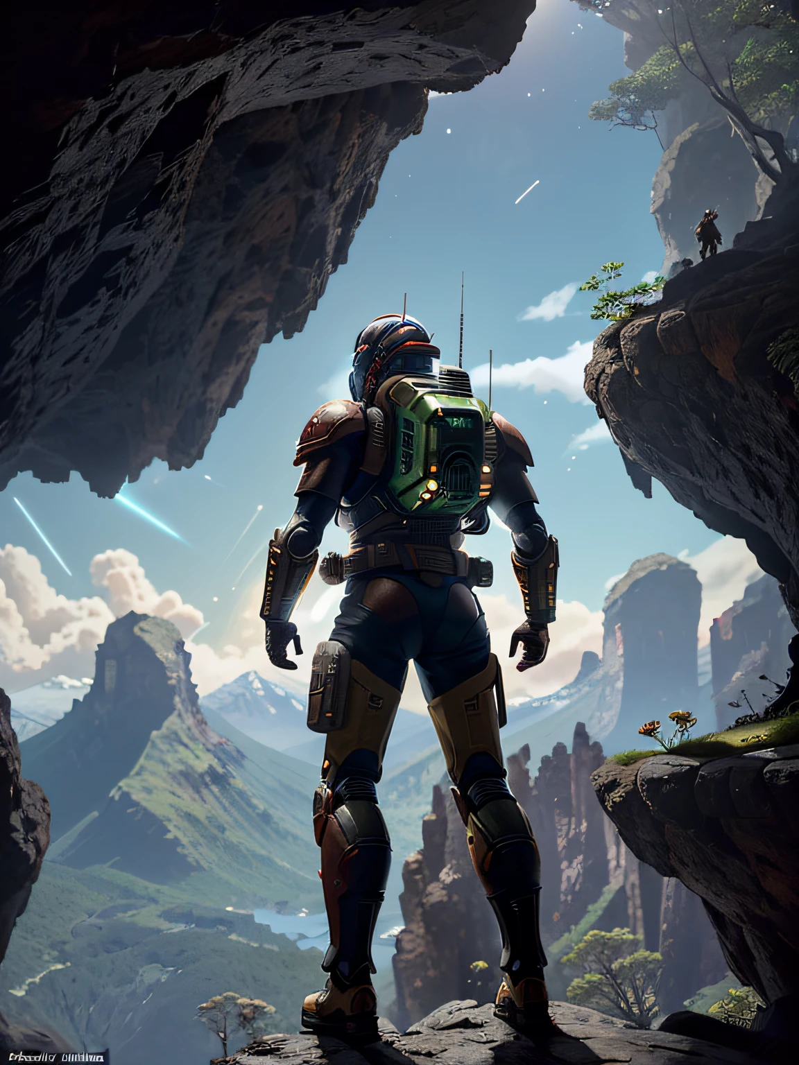 (35mmstyle: 1.2), highly detailed RAW color photo, rear angle, full body, of (male space marine, with white and red spacesuit, futuristic helmet, canned face shield, rebreather, accented booty), outdoor, (standing on the precipice of the high rocky mountain, looking at the lush magical green rainforest on an alien planet), vivid details, (exotic alien planet), toned body, big butt, (science fiction), (mountains: 1.1), (lush green vegetation), (two moons in the sky: 0.8),(one lava planet: 0.9), (very detailed, hyperdetailed, intricate), (lens flare: 0.7), (bloom: 0.7), particle effects, ray tracing, cinematic lighting, shallow depth of field, photographed on a Sony a9 II, 35mm wide-angle lens, sharp focus, Gravity 2013 cinematic film, seen from behind, dynamic angle