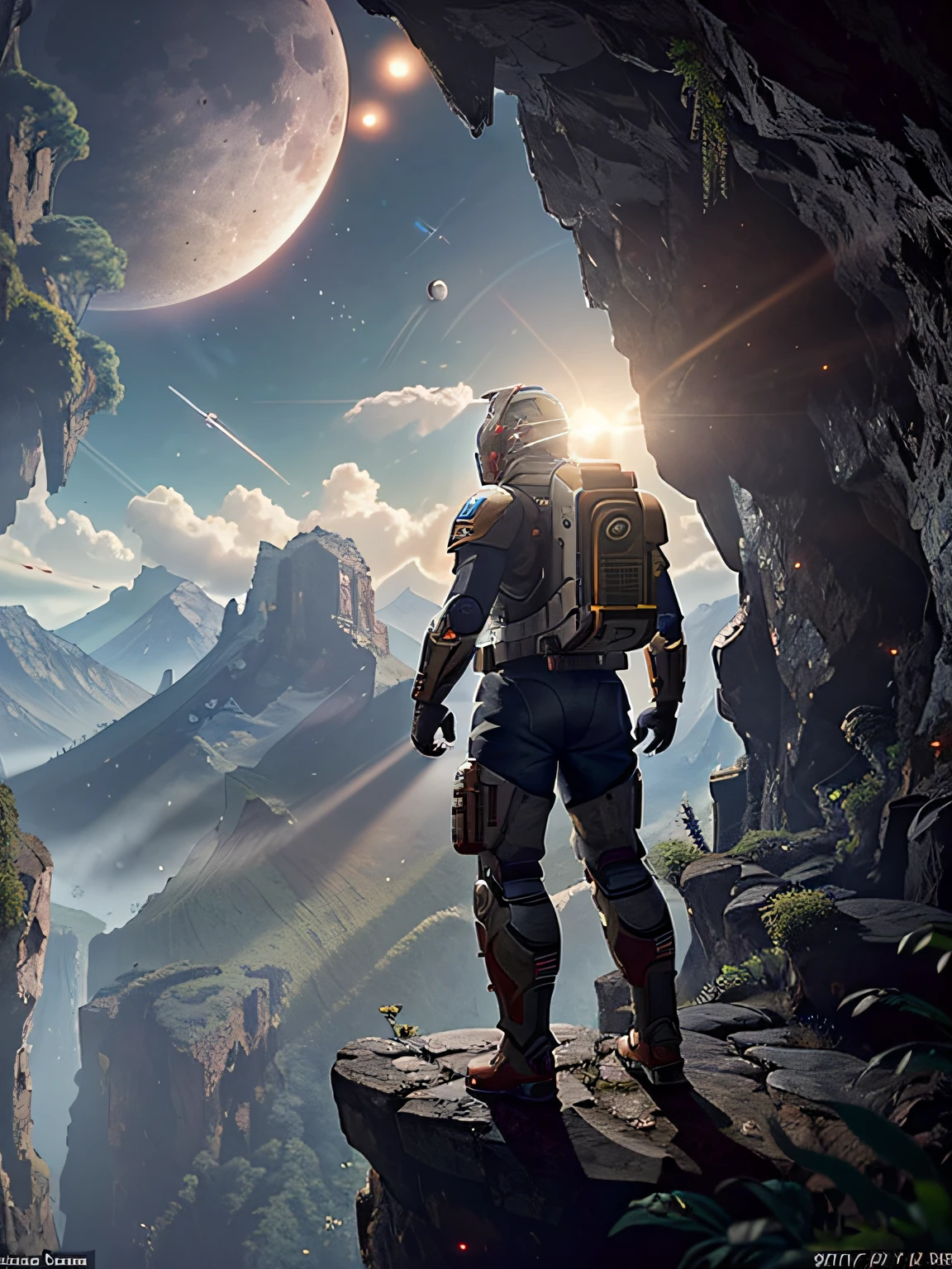 (35mmstyle: 1.2), highly detailed RAW color photo, rear angle, full body, of (male space marine, with white and red spacesuit, futuristic helmet, canned face shield, rebreather, accented booty), outdoor, (standing on the precipice of the high rocky mountain, looking at the lush magical green rainforest on an alien planet), vivid details,  (exotic alien planet), toned body, big butt, (science fiction), (mountains: 1.1), (lush green vegetation), (two moons in the sky: 0.8),(one lava planet: 0.9), (very detailed, hyperdetailed, intricate), (lens flare: 0.7), (bloom: 0.7), particle effects, ray tracing, cinematic lighting, shallow depth of field, photographed on a Sony a9 II, 35mm wide-angle lens,  sharp focus, Gravity 2013 cinematic film, seen from behind, dynamic angle