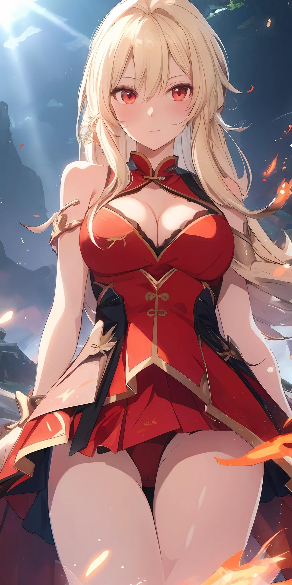 1girl, blonde hair, red eyes, fire witch, blood, light particles, lightning rays, wallpaper, colorful, large breasts, cleavage close up, from below, red Chinese dress, panties, panty shot, flashing underwear, wind lift dress, up skirt, lingerie, revealing, blushing