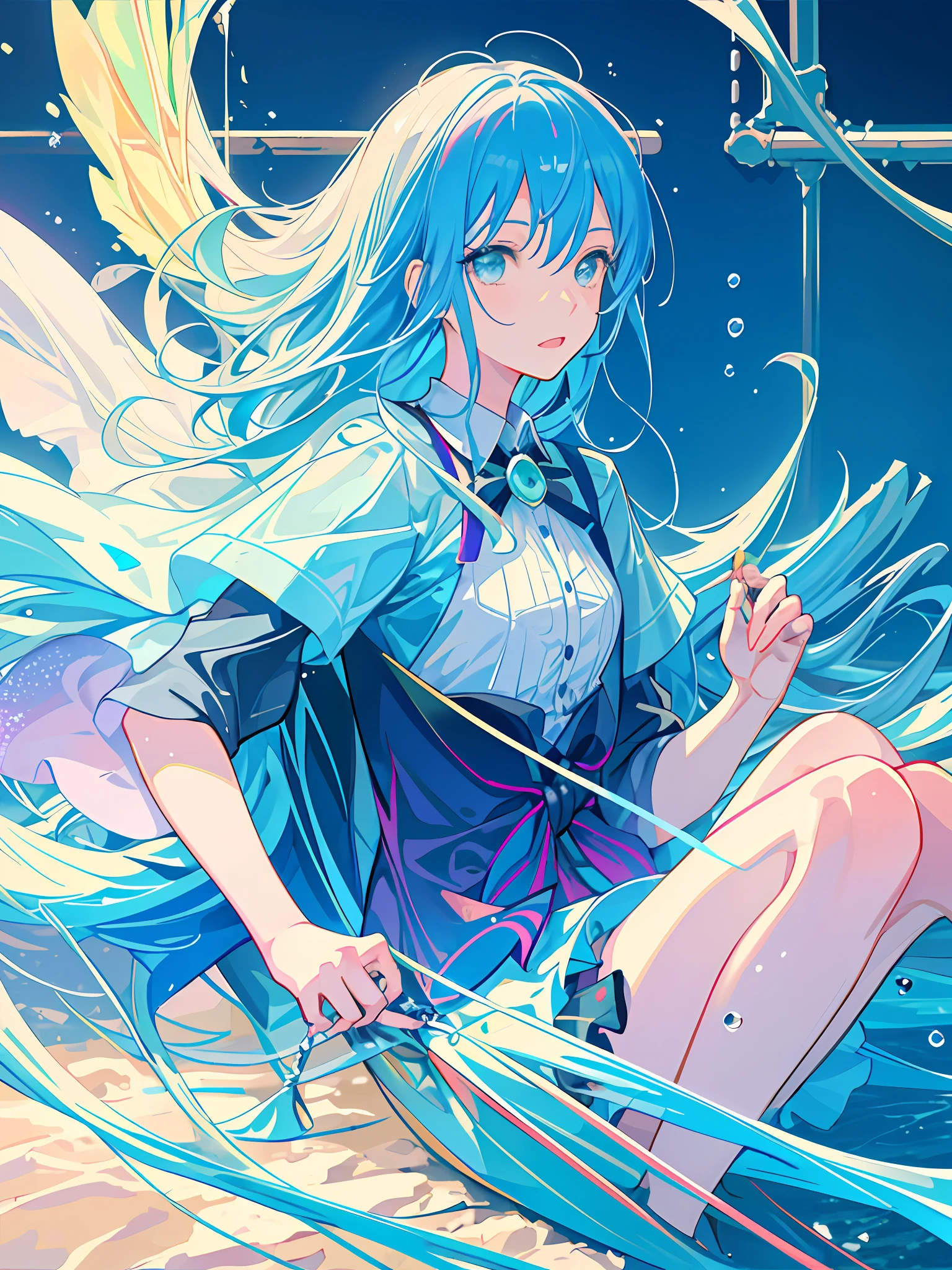 Girl swimming underwater, in Otomo Katsuhit style, with realistic ultra-detailed rendering style, luminous, green, purple, blue, brush, hyperrealistic oil, head closeup, exaggerated perspective, tyndall effect, water drops notherofpearl rainbow color, holographic white, realistic - -ar 3:4 --niji 5 --expressive style