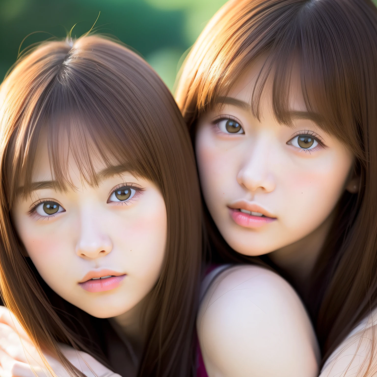 two young women with long brown hair are posing for a picture, beautiful gemini twins portrait, beautiful japanese girls face, two beautiful anime girls, yoshitomo nara and aya takano, beautiful gemini twins, ayami kojima and lyde caldwell, two japanese girls posing, japanese facial features, twins, close up iwakura lain, tsurime eyes