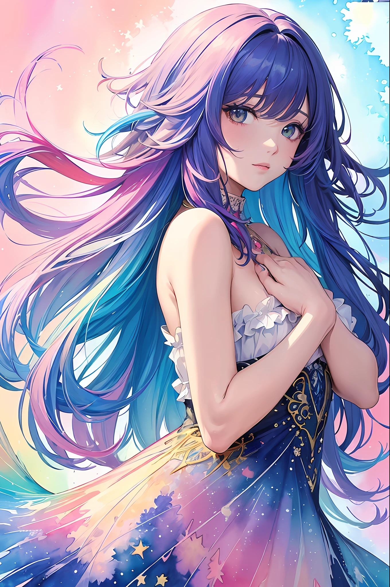 (masterpiece, top quality, best quality,watercolor (medium),official art, beautiful and aesthetic:1.2),(1girl:1.3), (fractal art:1.3),upper body, from side, looking at viewer,patterns,(rainbow color Hair,colorful hair,half blue and half pink hair:1.2),water,liquid, cloud,colorful, starry,stars,