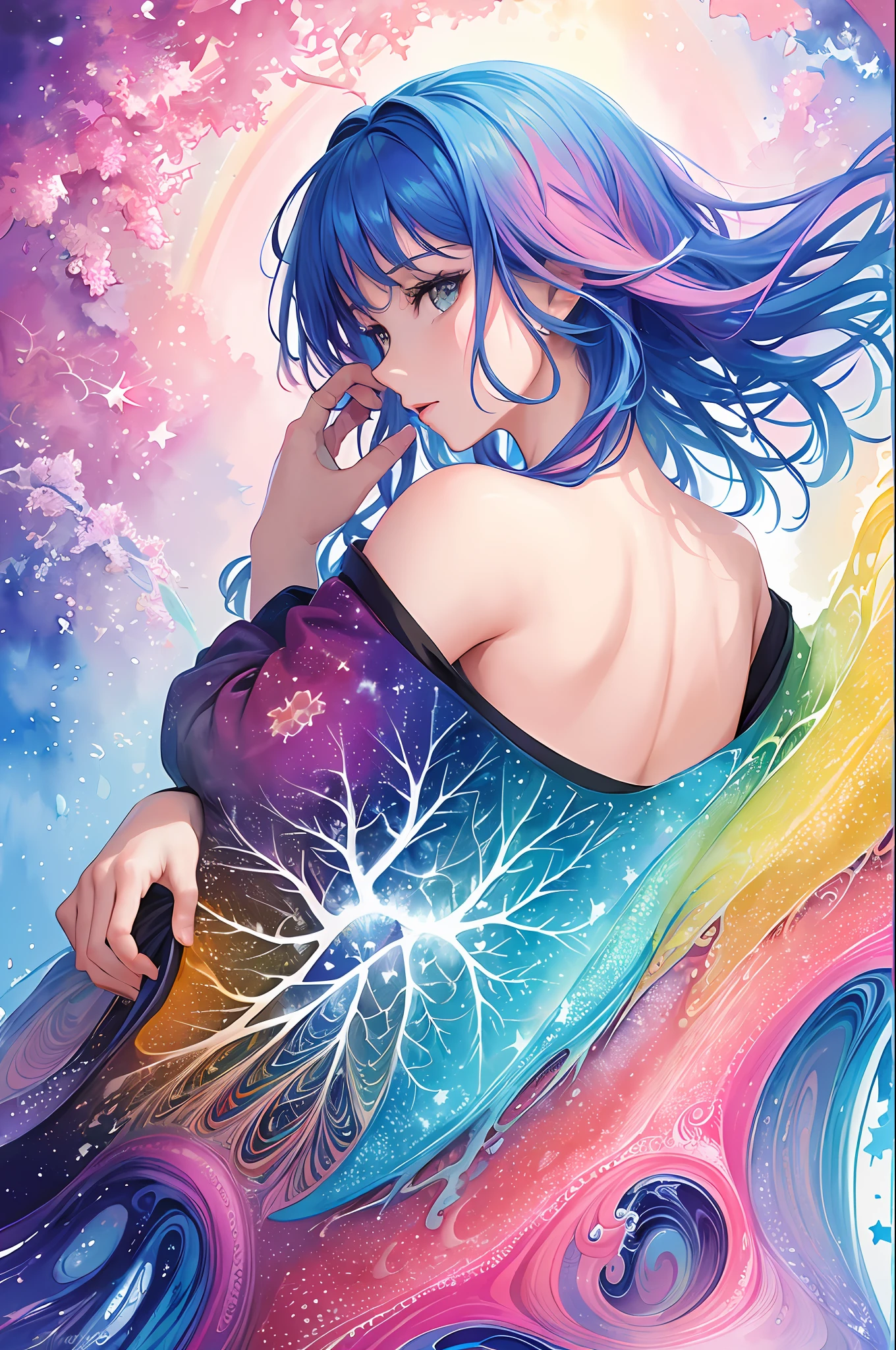 (masterpiece, top quality, best quality,watercolor (medium),official art, beautiful and aesthetic:1.2),(1girl:1.3), (fractal art:1.3),upper body, from side, looking at viewer,patterns,(rainbow color Hair,colorful hair,half blue and half pink hair:1.2),water,liquid, cloud,colorful, starry,stars,