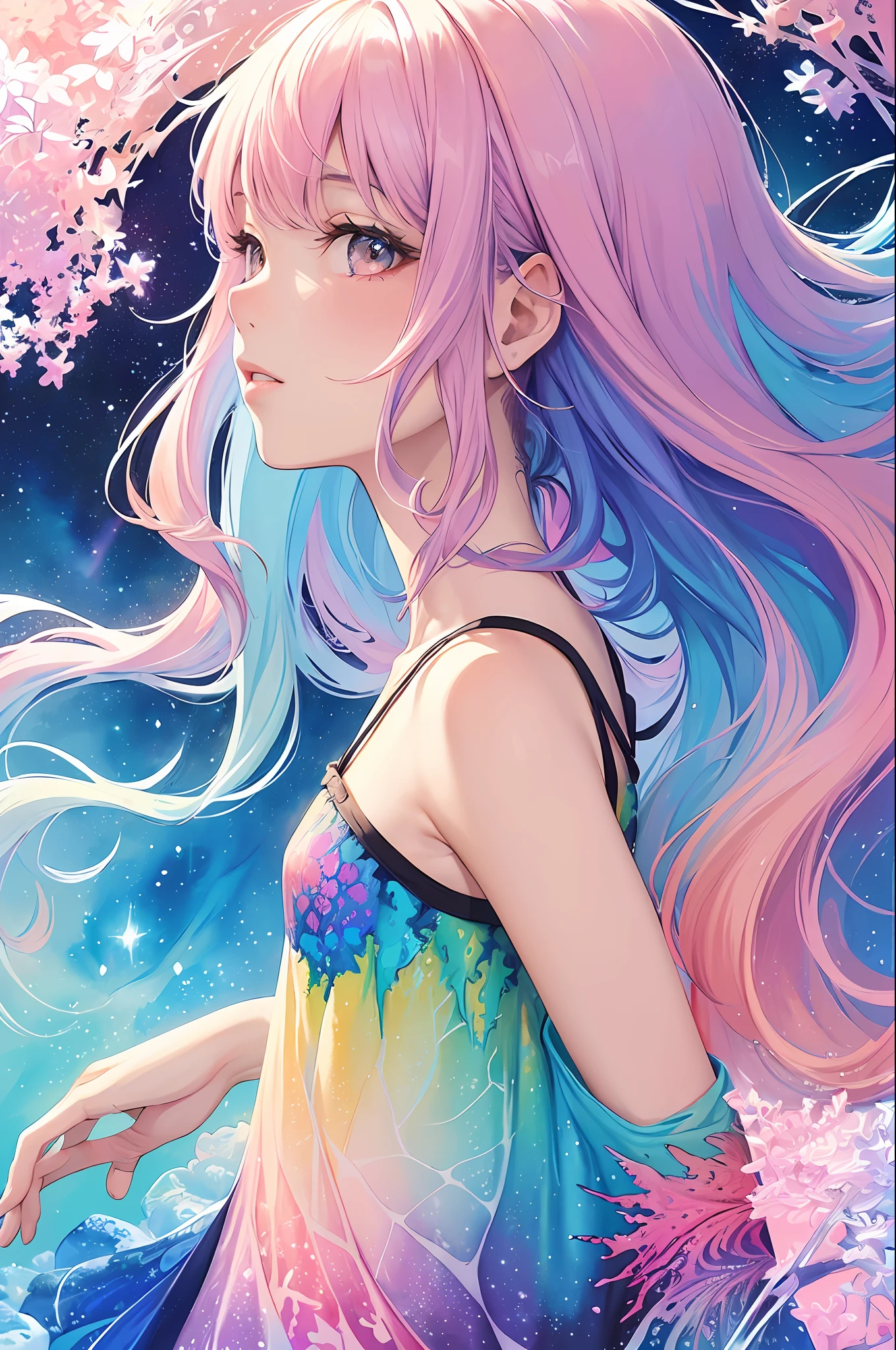 (masterpiece, top quality, best quality,watercolor (medium),official art, beautiful and aesthetic:1.2),(1girl:1.3), (fractal art:1.3),upper body, from side, looking at viewer,patterns,(rainbow color Hair,colorful hair,half blue and half pink hair:1.2),water,liquid, cloud,colorful, starry,stars,