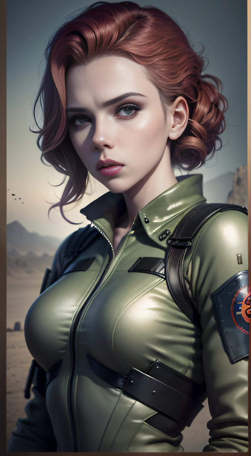 High-resolution surreal uniform beauty Scarlett Johansson, wandering in the war zone, high-intensity light and shadow, super photos, highlighting the hardships of women in uniform, presenting high-definition skin textures, a new visual experience.