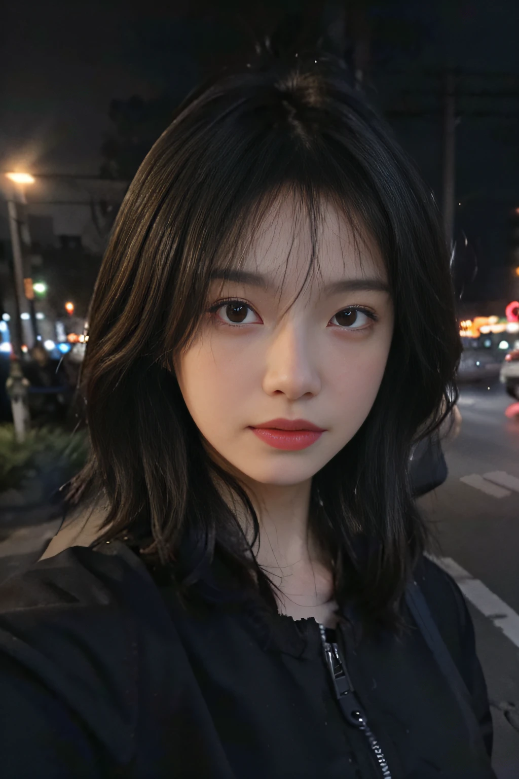 Best quality, masterpiece,..night,.city,..1girl,.(Authentic skin texture:1.3),.close-up,.face focus,.upper body,.selfie,..
