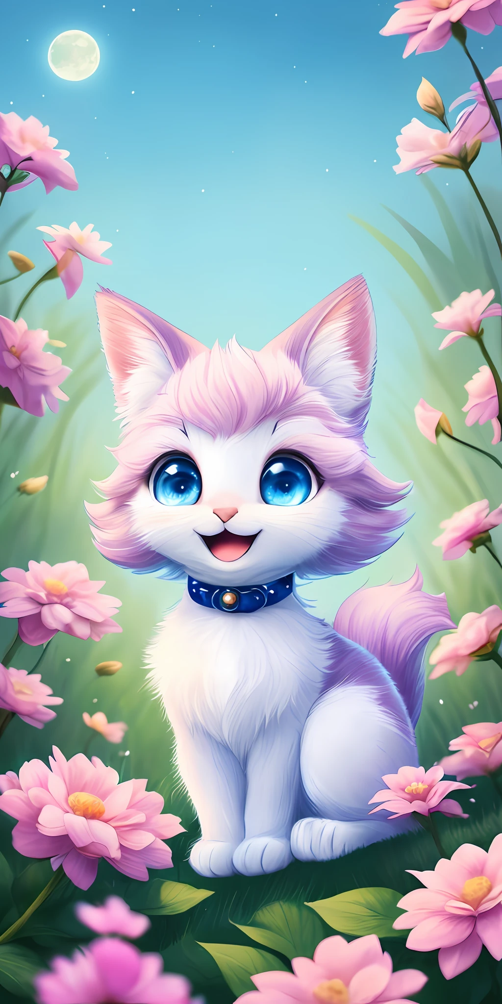A kitten with a tiny tail, a small nose, small ears, blue eyes, pink background, flowers, vases, dreams, open mouth, smile, Caroline Chariot-Dayez pastels, tumblr, furry art, elokitty, Disney's Bambi cat, Disney's stylized furry, ears floating, fluffy tail, fluffy '', fluffy !!!, high resolution, furry art!!! The moon, small in size