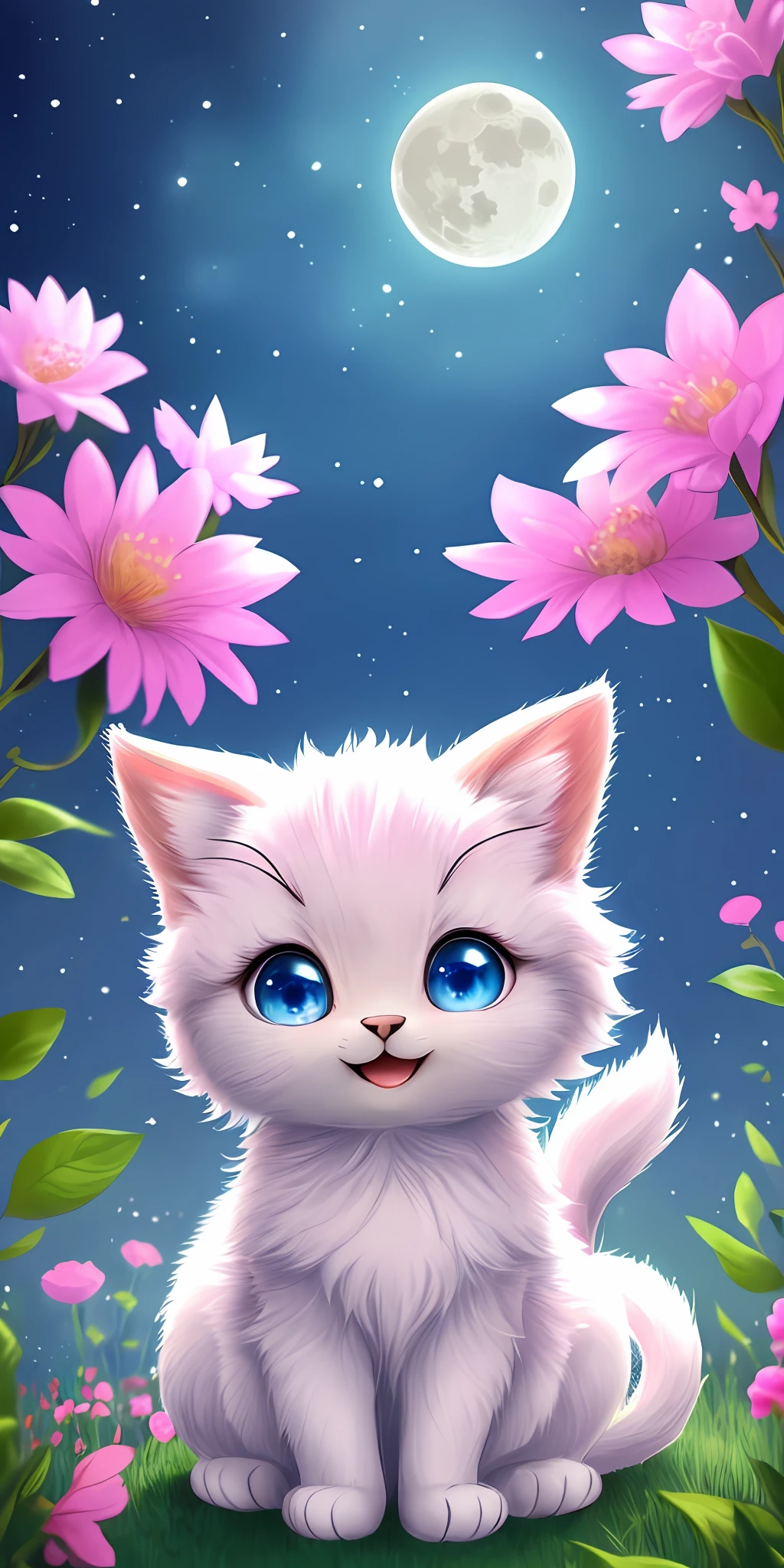A kitten with a tiny tail, a small nose, small ears, blue eyes, pink background, flowers, vases, dreams, open mouth, smile, Caroline Chariot-Dayez pastels, tumblr, furry art, elokitty, Disney's Bambi cat, Disney's stylized furry, ears floating, fluffy tail, fluffy '', fluffy !!!, high resolution, furry art!!! The moon, small in size