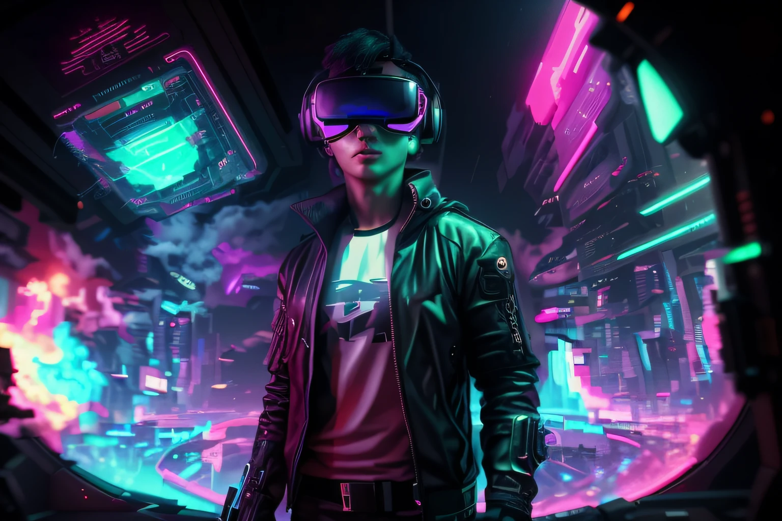 a man in a black jacket and glasses stands in front of a futuristic city, vr game, cyberpunk vibe, cyberpunk vibes, deeper into the metaverse we go, has cyberpunk style, cyberpunk theme, in cyber punk 2077, cyberpunk futuristic, cyberpunk future, synthwave, wearing cyberpunk streetwear, futuristic cyberpunk, cyberpunk tech, retro cyberpunk, synthwave style