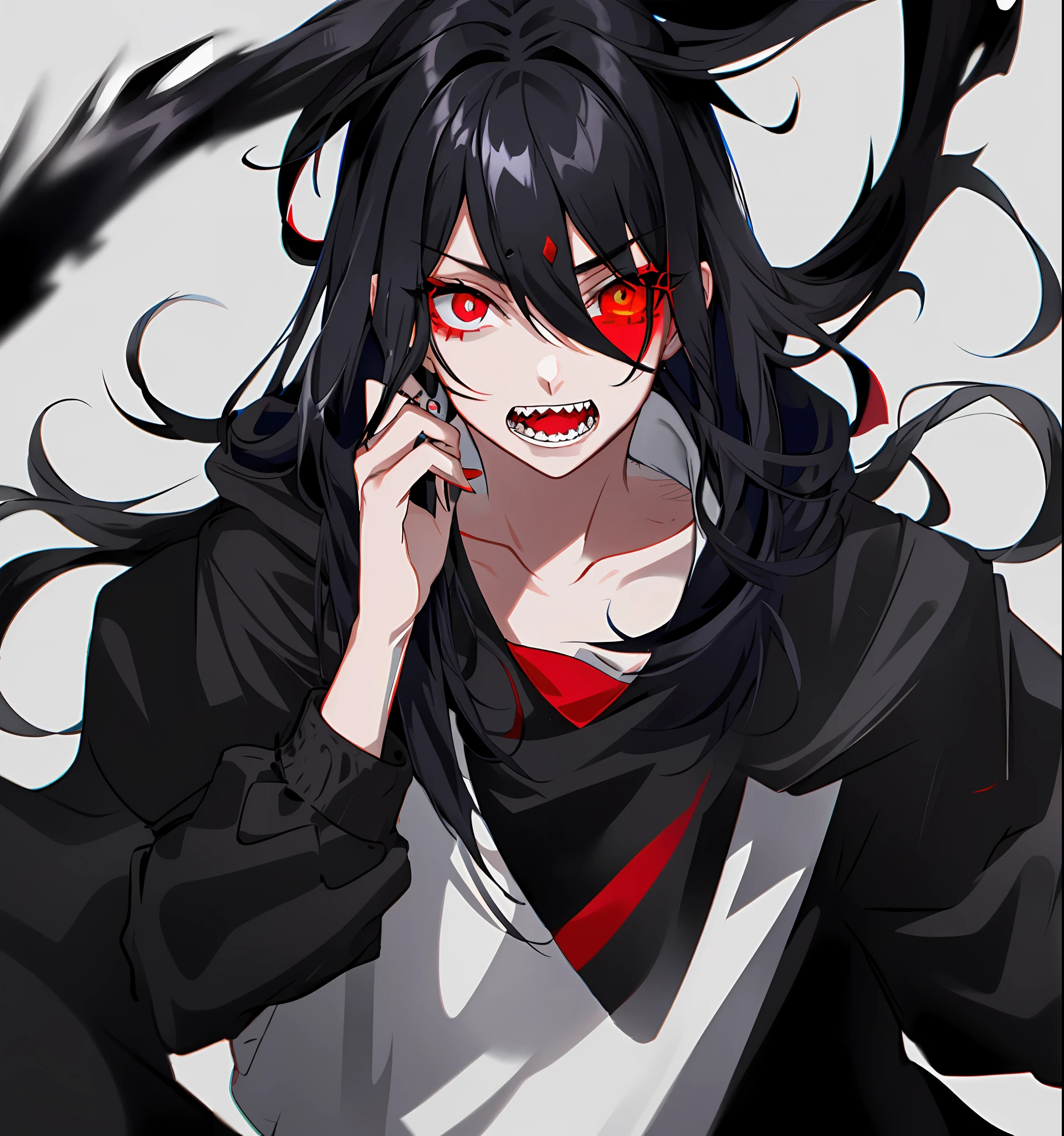 Girl, black hair flowing, eyes one blue and one red, sharp teeth