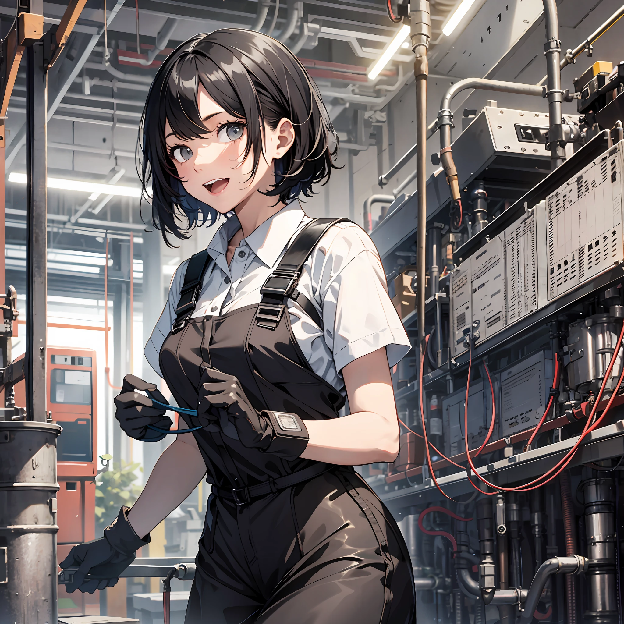 Technician dressed as a black-haired young woman, excited expression, inside the factory,