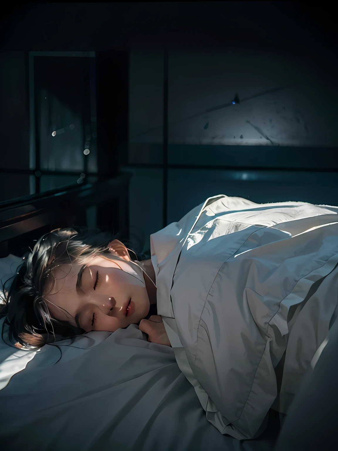 hotel,(dark room:1.5),night,bed,1 girl,on_back,(asleep:1.2),no_light,no_lamp
