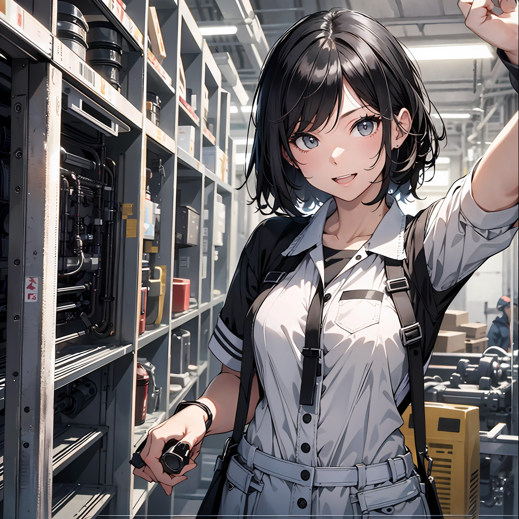 Black-haired young woman dressed as a technician, excited expression, inside the factory,