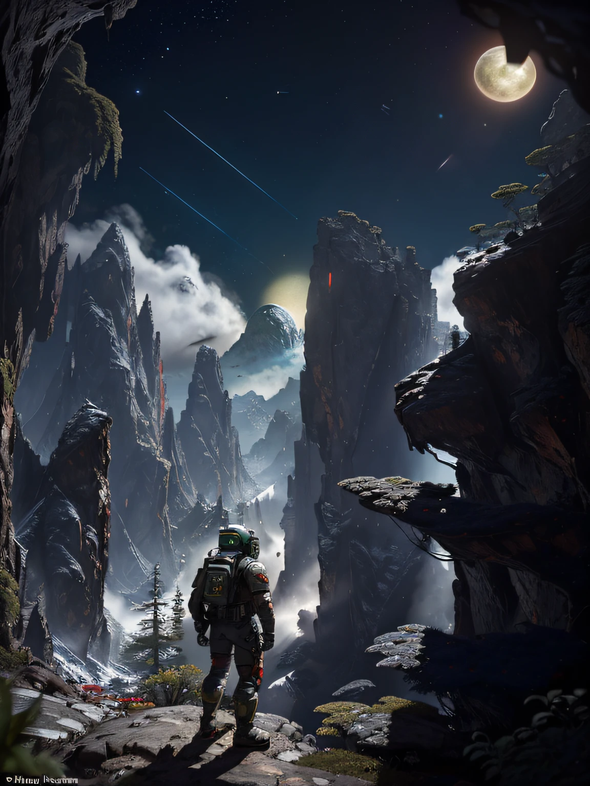 (35mmstyle: 1.2), highly detailed RAW color photo, front angle, full body, of (male space marine, with white and red space suit, futuristic helmet, canned face shield, rebreather, accented boot), outdoor, (standing on the precipice of the high rocky mountain, looking out at the lush magical green forest on an alien planet), vivid details, (exotic alien planet), toned body, big ass, (science fiction), (mountains: 1.1), (lush green vegetation), (two moons in the sky: 0.8), (a lava planet: 0.9), (very detailed, hyperdetailed, intricate), (lens flare: 0.7), (bloom: 0.7), particle effects, ray tracing, cinematic lighting, shallow depth of field, photographed on a Sony a9 II, 35mm wide-angle lens, sharp focus, cinematic film Gravity 2013, seen from behind, dynamic angle