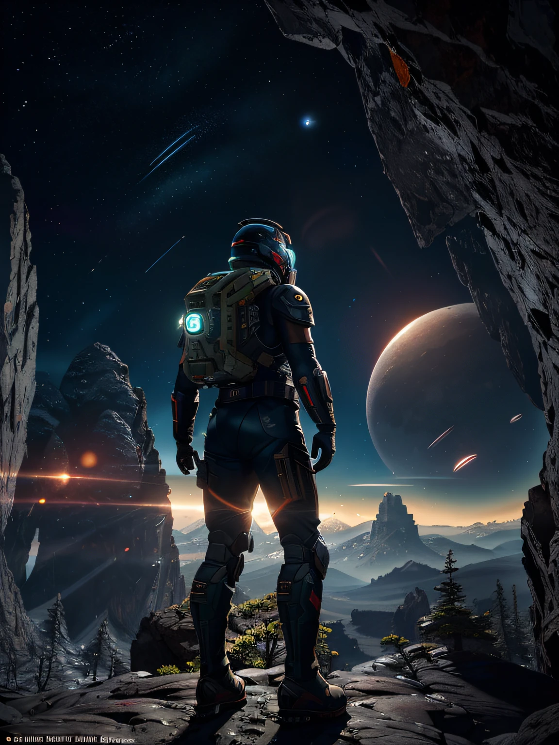 (35mmstyle: 1.2), highly detailed RAW color photo, front angle, full body, of (male space marine, with white and red space suit, futuristic helmet, canned face shield, rebreather, accented boot), outdoor, (standing on the precipice of the high rocky mountain, looking out at the lush magical green forest on an alien planet), vivid details, (exotic alien planet),  toned body, big ass, (science fiction), (mountains: 1.1), (lush green vegetation), (two moons in the sky: 0.8), (a lava planet: 0.9), (very detailed, hyperdetailed, intricate), (lens flare: 0.7), (bloom: 0.7), particle effects, ray tracing, cinematic lighting, shallow depth of field, photographed on a Sony a9 II, 35mm wide-angle lens, sharp focus, cinematic film Gravity 2013,  seen from behind, dynamic angle