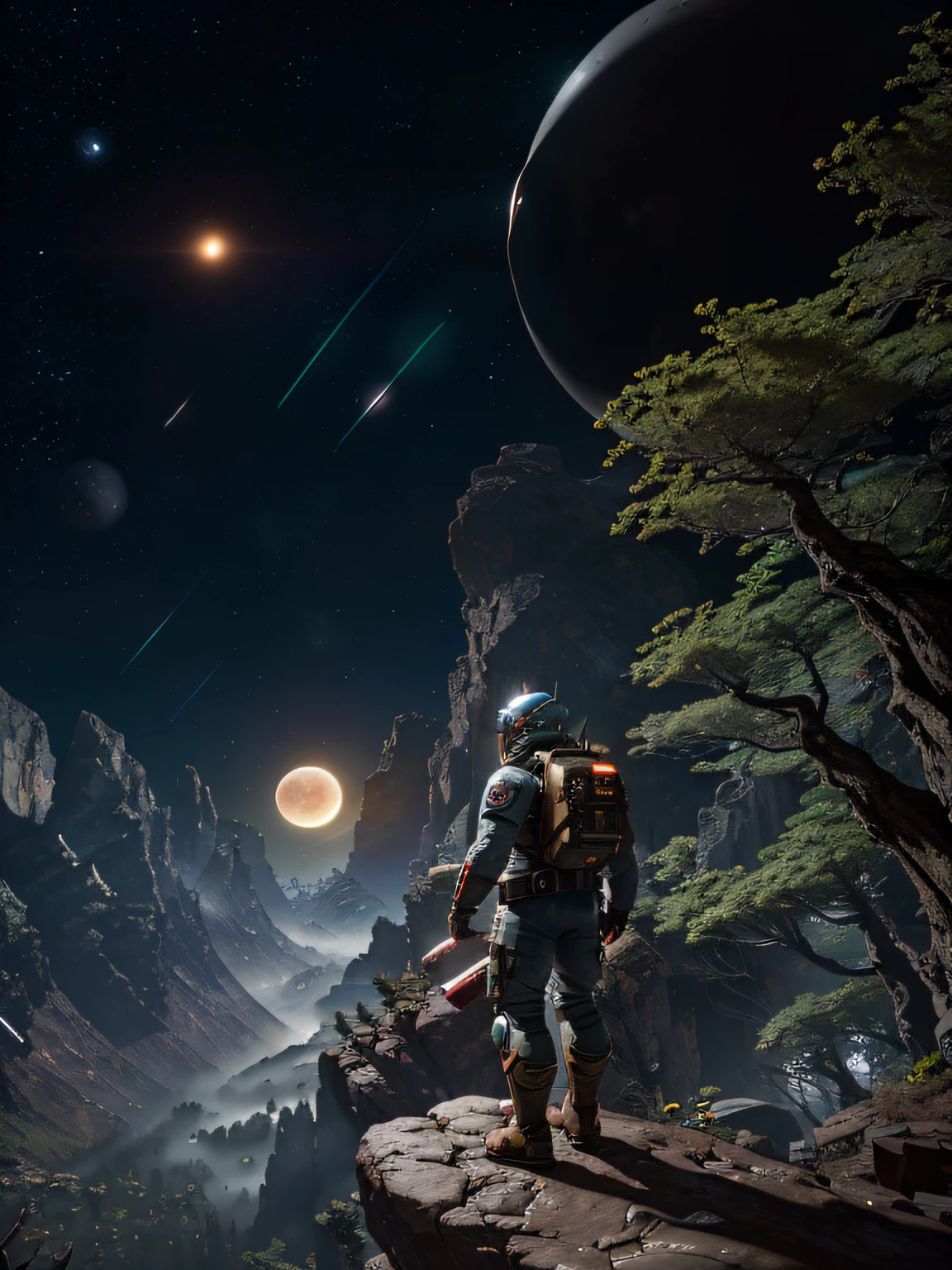 (35mmstyle: 1.2), highly detailed RAW color photo, front angle, full body, of (male space marine, with white and red space suit, futuristic helmet, canned face shield, rebreather, accented boot), outdoor, (standing on the precipice of the high rocky mountain, looking out at the lush magical green forest on an alien planet), vivid details, (exotic alien planet),  toned body, big ass, (science fiction), (mountains: 1.1), (lush green vegetation), (two moons in the sky: 0.8), (a lava planet: 0.9), (very detailed, hyperdetailed, intricate), (lens flare: 0.7), (bloom: 0.7), particle effects, ray tracing, cinematic lighting, shallow depth of field, photographed on a Sony a9 II, 35mm wide-angle lens, sharp focus, cinematic film Gravity 2013,  seen from behind, dynamic angle