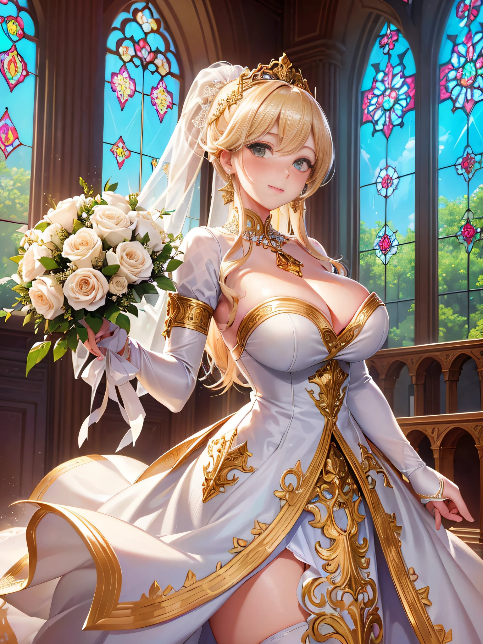 Masterpiece, Best Quality, Official Art, (Highly Detailed CG Unity 8k wallpaper), Detailed background, (Hands by Guido Daniele: 1.1), Feet outside the frame, First person perspective, 1, Beautiful woman attractive and perfect, (Curvaceous), (Standing), (((Extended Hand:1.4, Upturned Palm: 1.14)))),Goddess, (Bridal Gauntlet, Luxurious Pure White Dress, Pure white large skirt, Gold ornaments, Bridal garters, Bridal legwear, White thighs: 1.12), (Blonde long hair: 1.12), (Ahoge: 1.13), (High ponytail: 1.12), (Green eyes: 1.13), looking at the viewer, big, (cleavage), beautiful face, (blush: 1.11), (smile: 1.11), indoor, (wedding), church, ( sunlight shining through stained glass), (flower garden, countless bouquets, soaring petals, beautiful flower decorations), (((Bouquet of blessings: 1.4, blessing bells, luxurious blessing venue)))