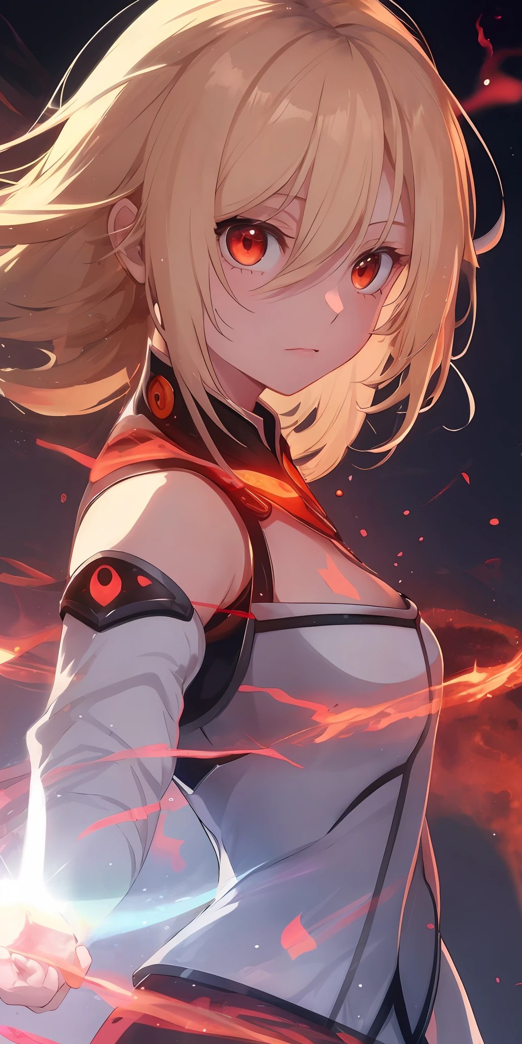 1girl, blonde hair, red eyes, fire witch, blood, light particles, lightning rays, wallpaper, colorful,