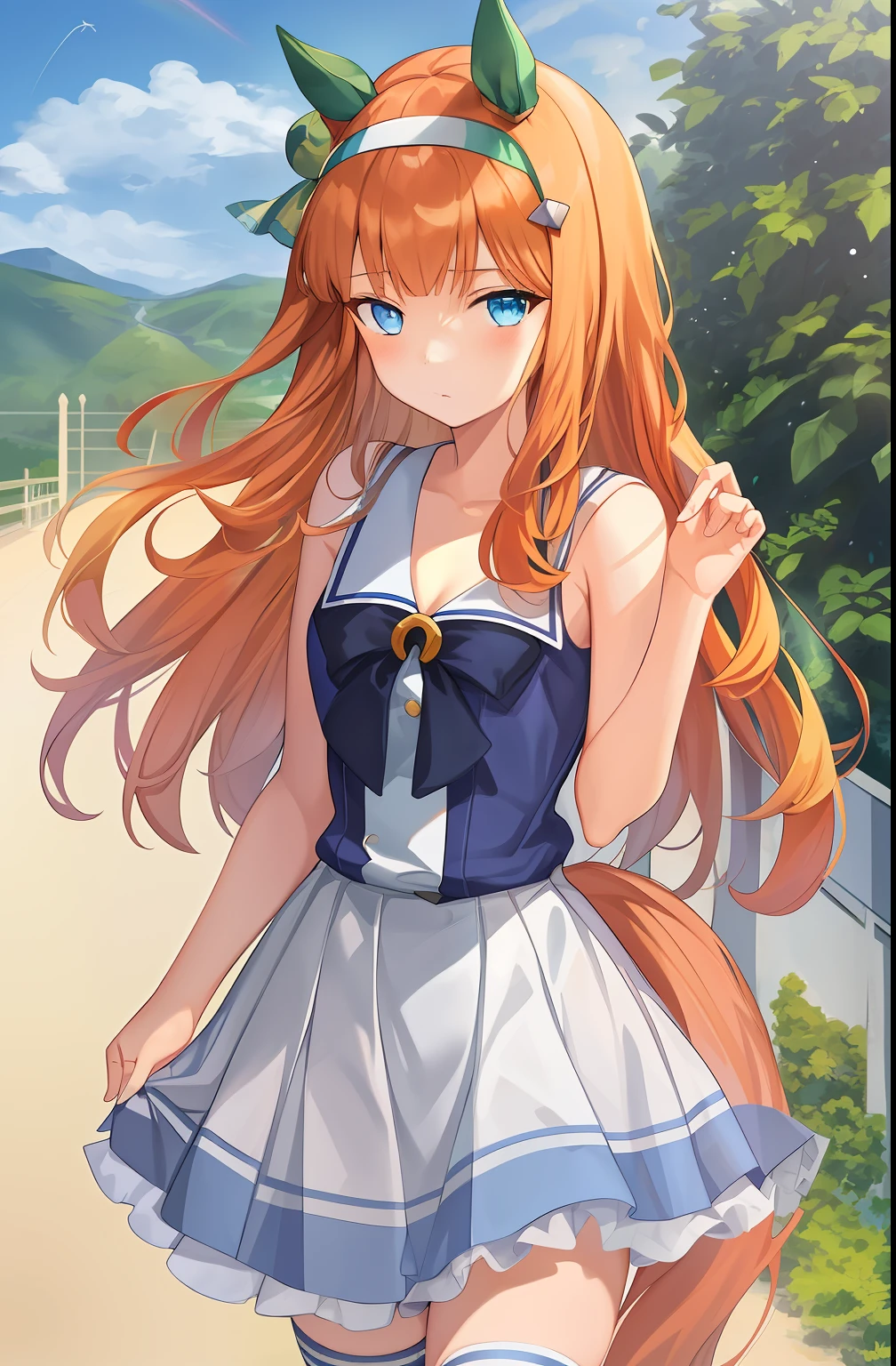 masterpiece,1girl,solo,white hair,blue eyes,summer uniform,(thighhighs:1),standing,scenery,silence suzuka \(umamusume\)