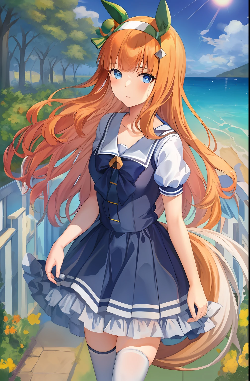 masterpiece,1girl,solo,white hair,blue eyes,summer uniform,(thighhighs:1),standing,scenery,silence suzuka \(umamusume\)