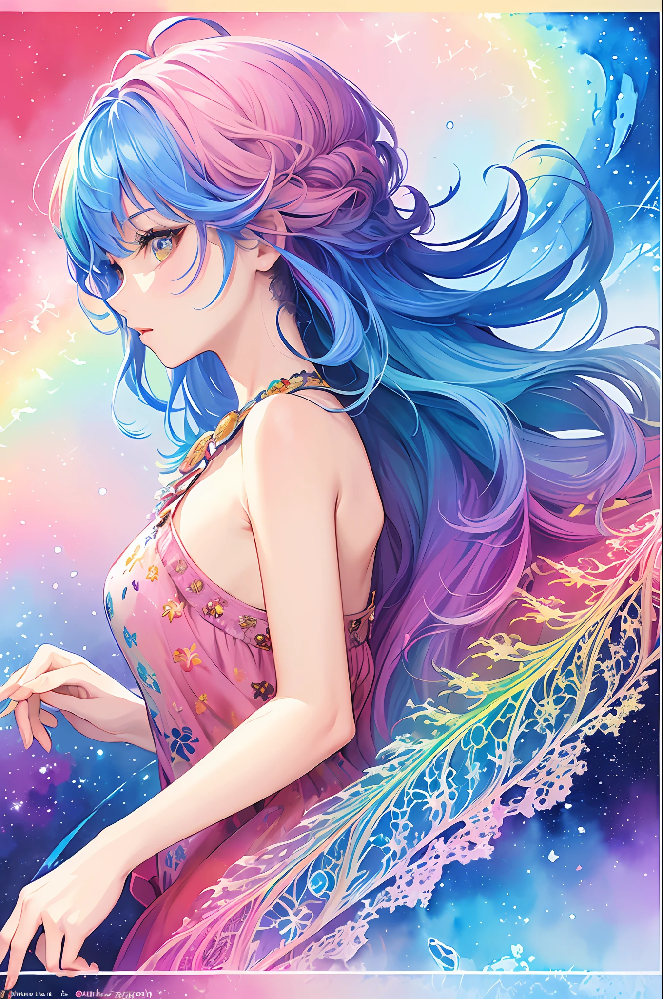 (masterpiece, top quality, best quality,watercolor (medium),official art, beautiful and aesthetic:1.2),(1girl:1.3), (fractal art:1.3),upper body, from side, looking at viewer,patterns,(rainbow color Hair,colorful hair,half blue and half pink hair:1.2),water,liquid, cloud,colorful, starry,stars,