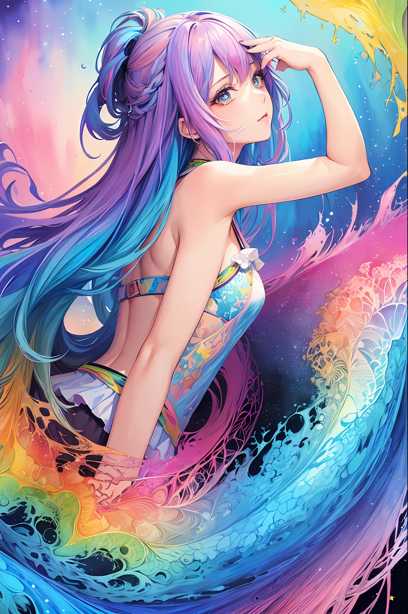 (masterpiece, top quality, best quality,watercolor (medium),official art, beautiful and aesthetic:1.2),(1girl:1.3), (fractal art:1.3),upper body, from side, looking at viewer,patterns,(rainbow color Hair,colorful hair,half blue and half pink hair:1.2),water,liquid, cloud,colorful, starry,stars,