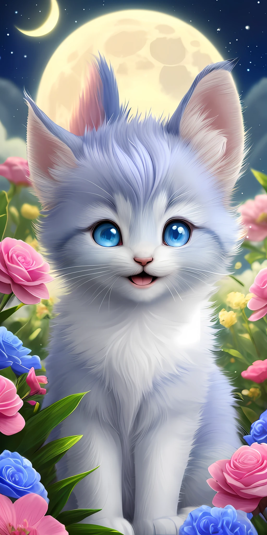 A kitten with a tiny tail, a small nose, small ears, blue eyes, pink background, flowers, vases, dreams, open mouth, smile, Caroline Chariot-Dayez pastels, tumblr, furry art, elokitty, Disney's Bambi cat, Disney's stylized furry, ears floating, fluffy tail, fluffy '', fluffy !!!, high resolution, furry art!!! The moon, small in size